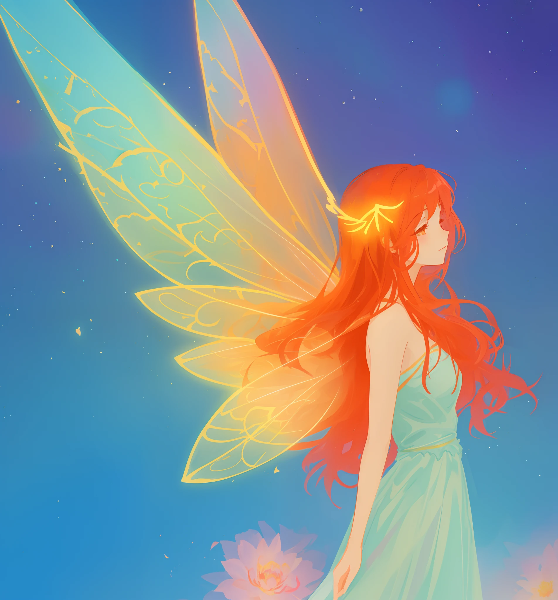 beautiful girl in flowing ballgown dress, (glowing fairy wings), glowing flowing ballgown, long wavy hair, sparkling fairy wings, watercolor illustration, flowers and colorful plants, inspired by Glen Keane, inspired by Lois van Baarle, disney art style, by Lois van Baarle, glowing aura around her, by Glen Keane, jen bartel, glowing lights! digital painting, flowing glowing hair, glowing flowing hair, beautiful digital illustration, fantasia otherworldly landscape plants flowers, beautiful, masterpiece, best quality, anime disney style