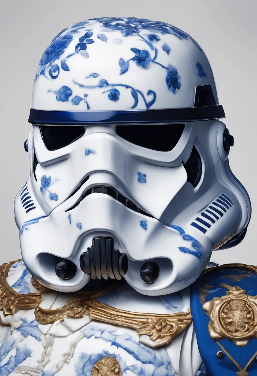 Blue and white porcelain,Ceramic material,Stormtrooper,bugle,artwork of a,High detail,3D,Chiaroscuro, Cinematic lighting, god light, Cinematic lighting, hyper HD, High details, Best quality, A high resolution, Textured skin