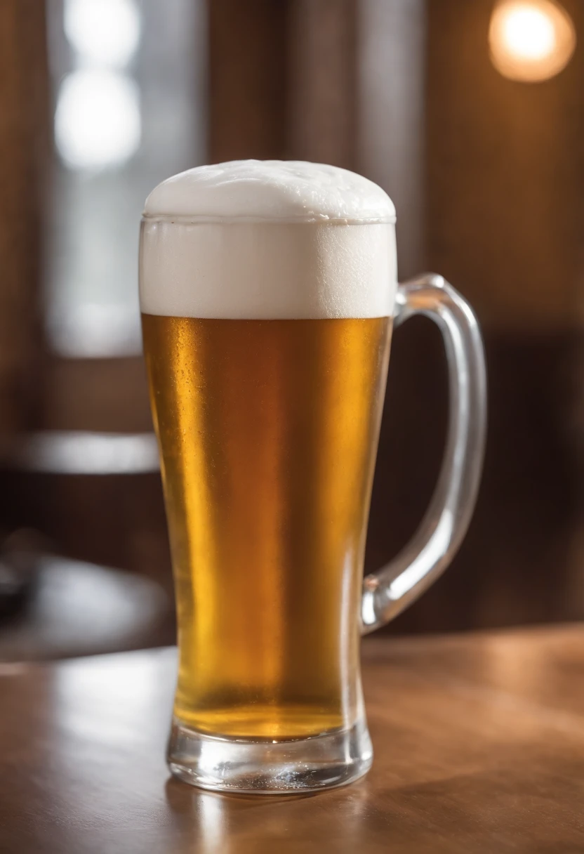 caneca de cerveja, German Style, muita espuma, plano frontal, foto realista, Ultra sharp focus, tiro realista, fundo moderno, ambiente quente iluminado