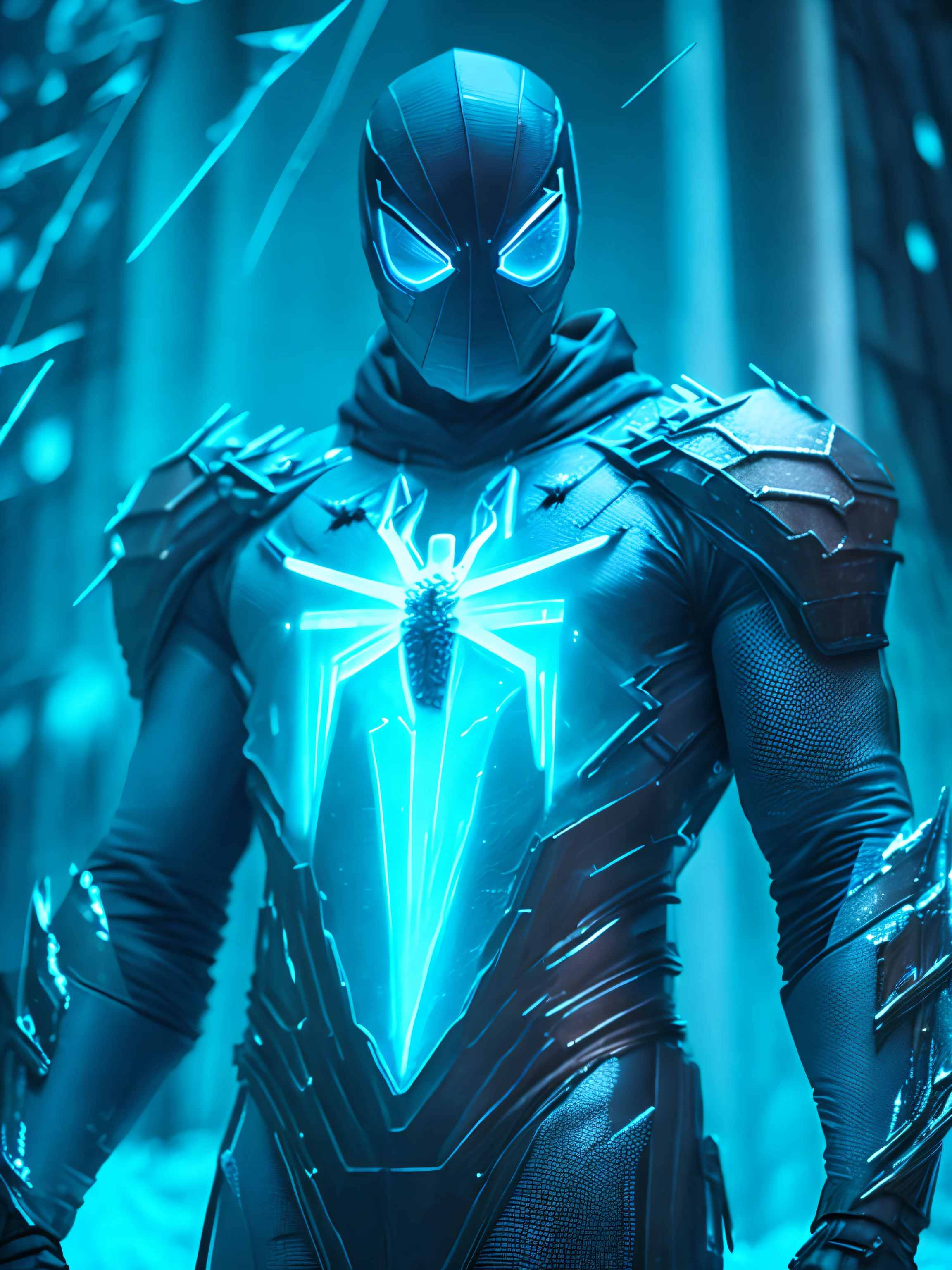 dark portrait of Frozen ice Spiderman suit from Marvel Comics immerging from the cyan frozen ice powers with intricate angular cybernetic implants inside a brutalist building, gothic brutalist cathedral, cyberpunk, award-winning photo, bokeh, neon lights, cybernetic limb