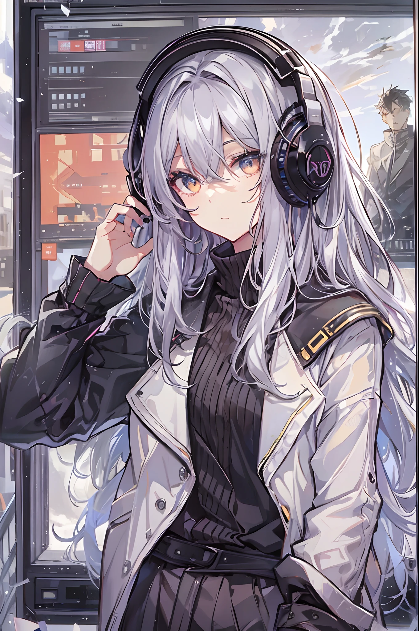 Woman using computer with big screen、silber hair、Semi-long hair、Wearing cool headphones,{{{{{{{{ Black Parker Oversize }}}}}}}},beautiful and delicate golden eyes,Thinking,Black clothes,