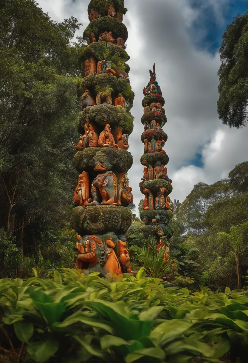 um jardim com rios, arvores, animais , plantas, totem pole