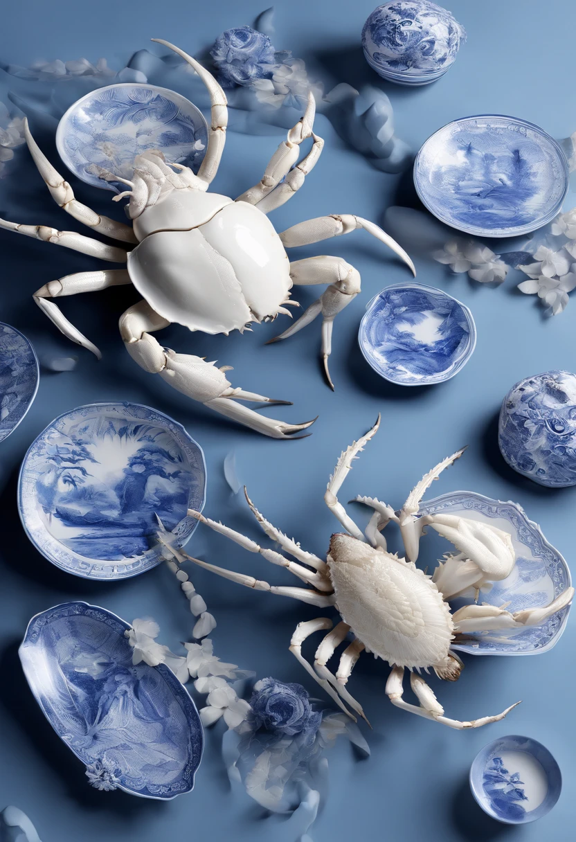 Blue and white porcelain,Ceramic material,Hairy crabs,crabs,artwork of a,High detail,3D,Chiaroscuro, Cinematic lighting, god light, Cinematic lighting, hyper HD, High details, Best quality, A high resolution, Textured skin