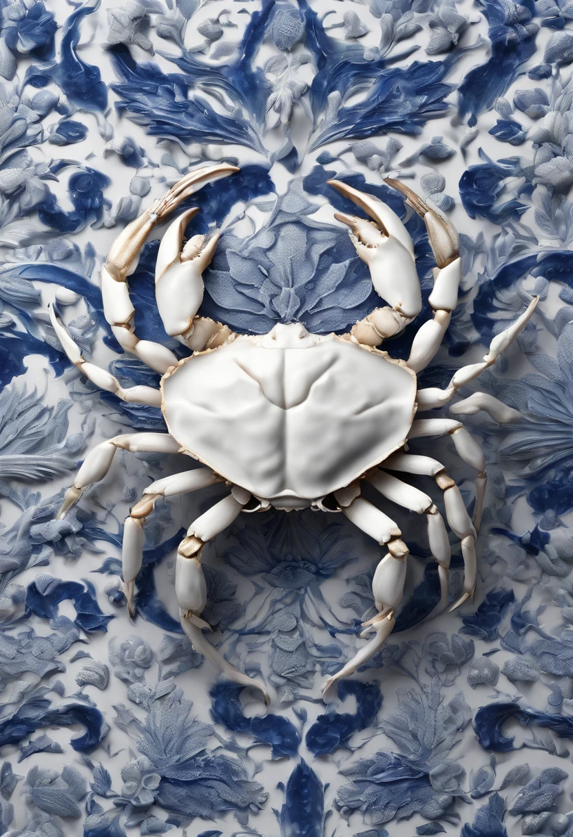 Blue and white porcelain,Ceramic material,Hairy crabs,crabs,artwork of a,High detail,3D,Chiaroscuro, Cinematic lighting, god light, Cinematic lighting, hyper HD, High details, Best quality, A high resolution, Textured skin