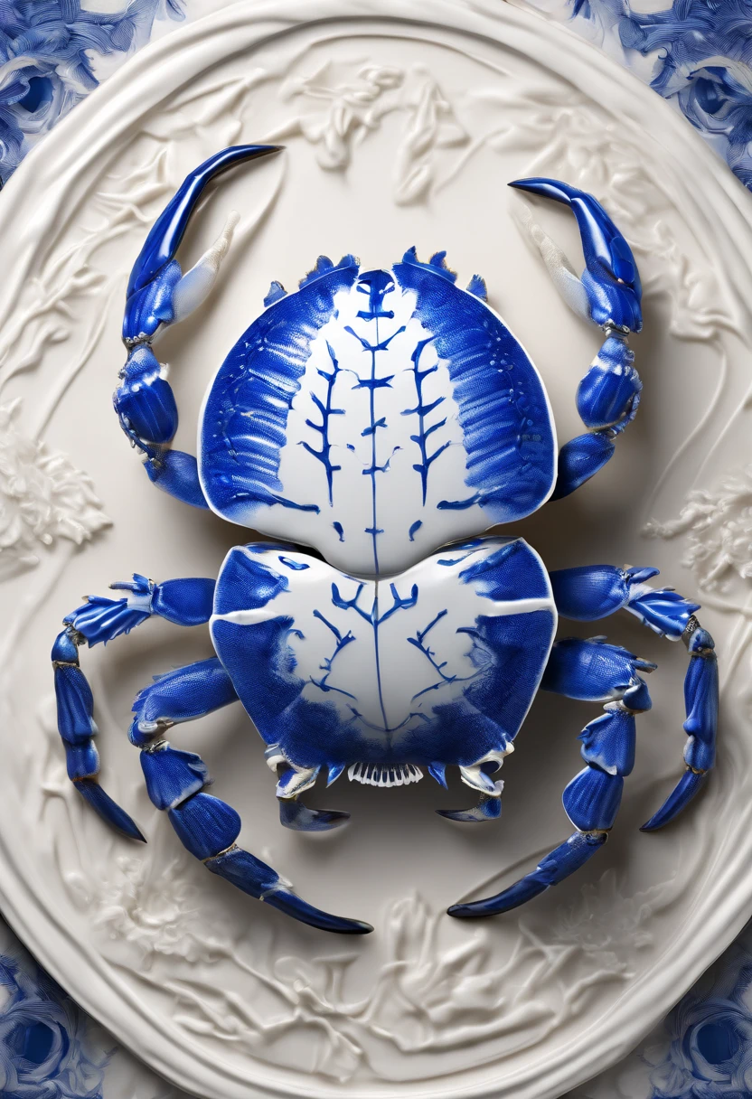 Blue and white porcelain,Ceramic material,Hairy crabs,crabs,artwork of a,High detail,3D,Chiaroscuro, Cinematic lighting, god light, Cinematic lighting, hyper HD, High details, Best quality, A high resolution, Textured skin