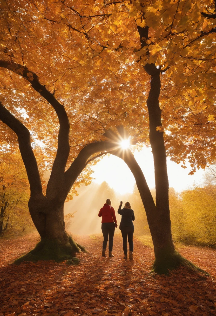 Reuses Lisa and Tom from previous images. As they explore the forest near the park, imaginez Lisa et Tom marchant main dans la main, leurs pieds craquant sur les feuilles mortes. The sun breaks through the leaves of the trees, creating patches of light that dance on the forest floor. Les deux amis se baissent pour observer un groupe d'insectes curieux, with vibrant colours, qui se faufilent le long d'un tronc d'arbre. They pick up autumn-hued leaves and smooth, colorful pebbles, creating a natural treasure in their hands.