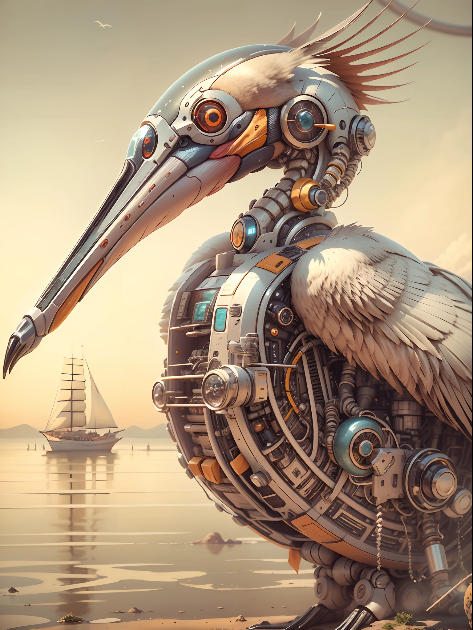 (Robot Pelican), Background: Seaside,{{Masterpiece}},{{{Best quality}}},{{Ultra-detailed}}, mechanical structure,Photography,author：Alberto Vargas and H.r. Giger,author：Andrey Remnev,rendering by octane,high resolution,hyper qualit,High detail,8K surrealism,Medium Shot Shot,