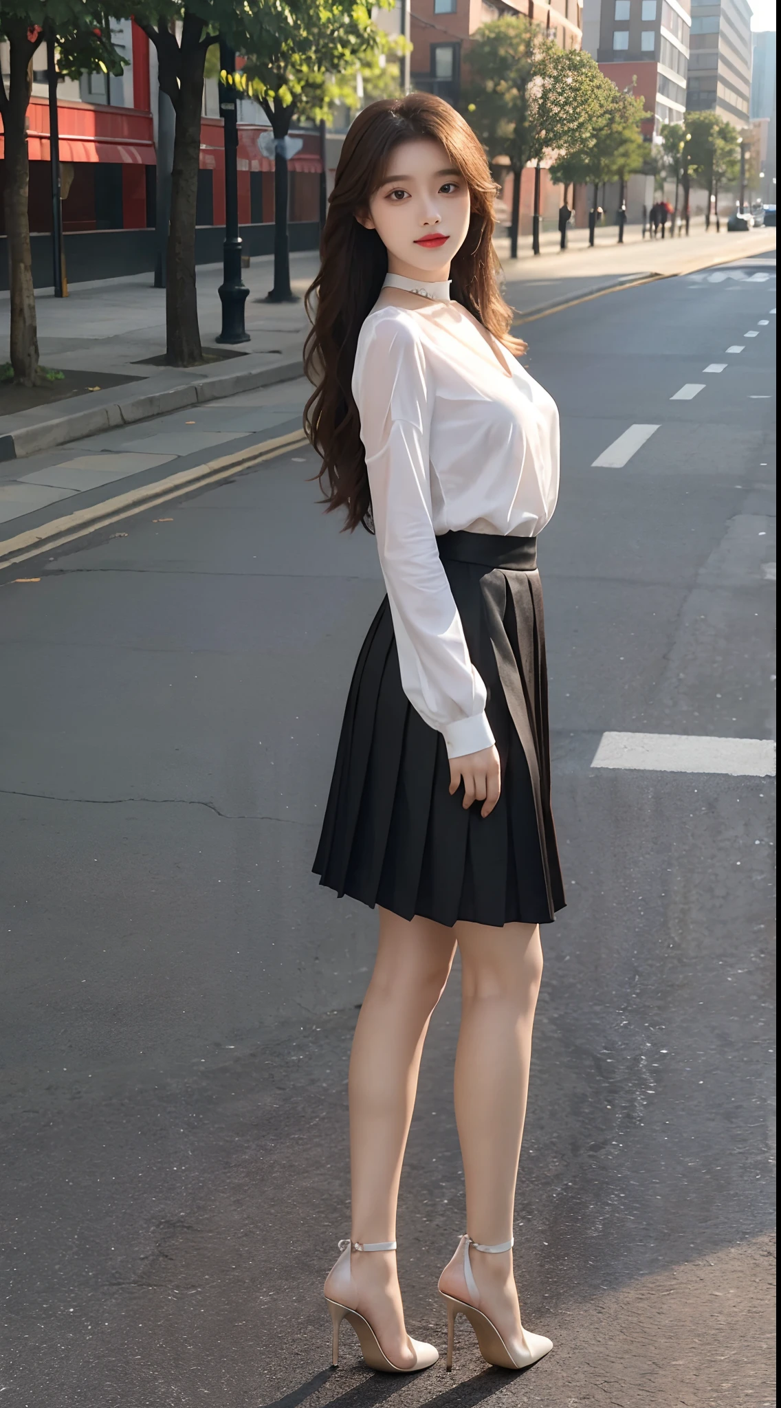 Arafed woman in a skirt and white shirt standing on a street - SeaArt AI