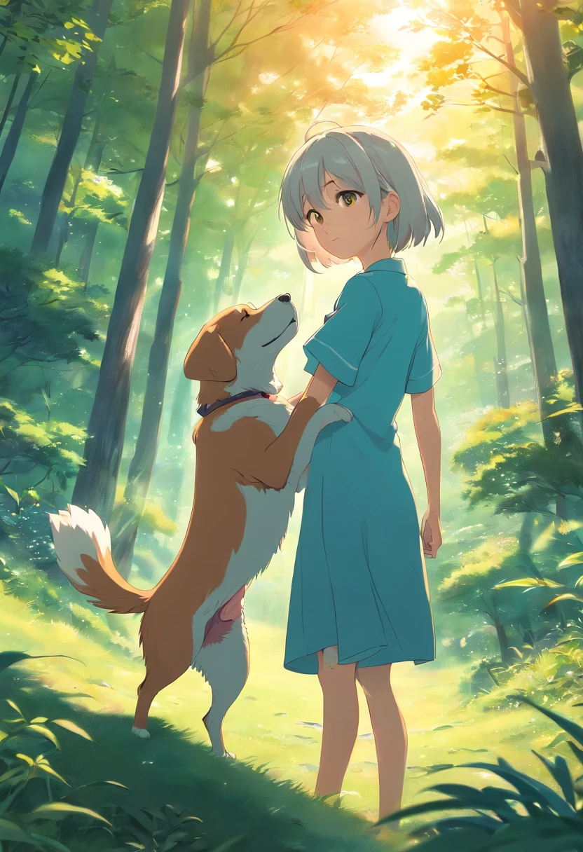 (best quality,Altas:1.2),fotorrealista,anime,princesa,garota,vestido branco,pequeno,adolable,cartoon dog,(Lowered girl holding a small injured bird)nas maosRio Claro,Floresta,luz solar,contato visual Long white hair and yellow eyes and There are cats around