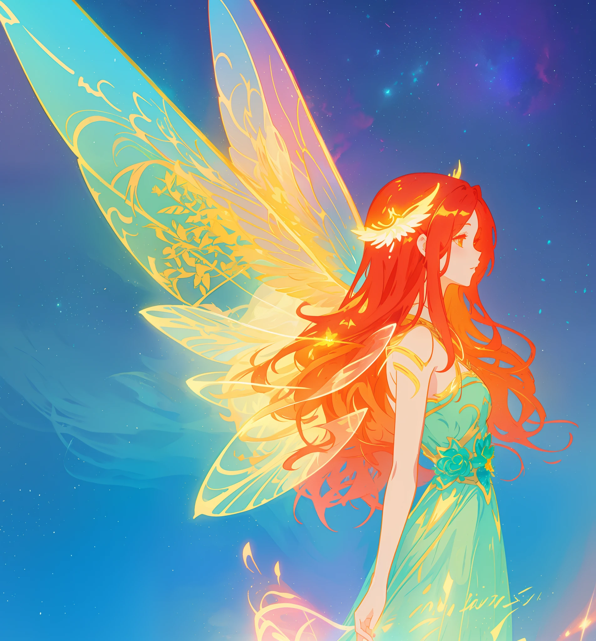 beautiful girl in flowing ballgown dress, (glowing fairy wings), glowing flowing ballgown, long wavy hair, sparkling fairy wings, watercolor illustration, flowers and colorful plants, inspired by Glen Keane, inspired by Lois van Baarle, disney art style, by Lois van Baarle, glowing aura around her, by Glen Keane, jen bartel, glowing lights! digital painting, flowing glowing hair, glowing flowing hair, beautiful digital illustration, fantasia otherworldly landscape plants flowers, beautiful, masterpiece, best quality, anime disney style
