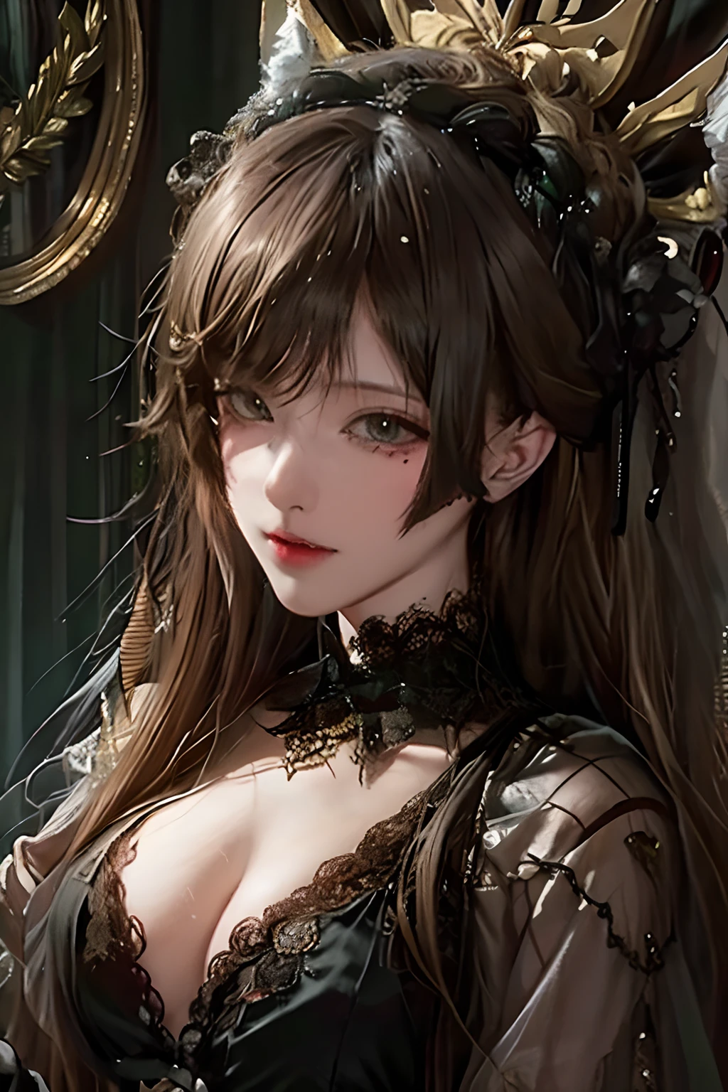 Official Art, Unity 8k wallpaper, super detailed, beautiful, beautiful, masterpiece, best quality,
darkness, atmosphere, mystery, romanticism, creepy, literature, art, fashion, victorian, decoration, intricacies, ironwork, lace, contemplation, emotional depth, supernatural,
1 girl, solo, neck, bust composition