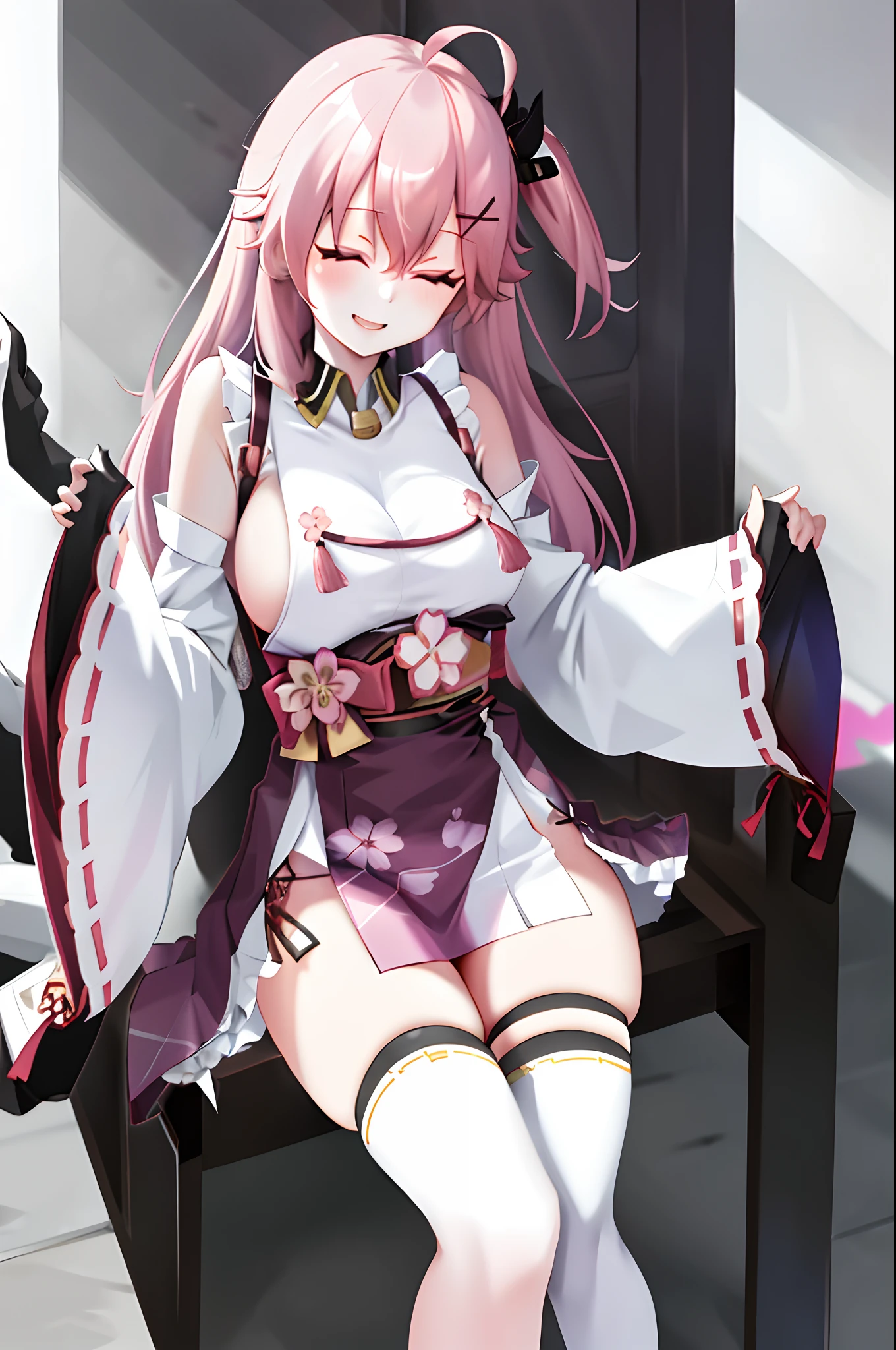 masterpiece, best quality, highres, miko1, sakura_miko, 1girl, big_boobs, solo, ahoge, x_hair_ornament, pink_hair, floral print, hairclip,(side_less_clothes:1.5), (side_boobs:1.5), hair_bell, floral print, long_hair, hair between eyes, one side up, white thighhighs, asymmetrical legwear, wide sleeves, open_mouth,(happy:1.3),close_eyes,big_smile,(raise_leg:1.3),plump,apart_legs,(overly_long_sleeves:1.3),),sleeves_past_wrists,hands_hidden_sleeves,sidelock_clothes,dynamic_posing,solo,hidden_wrists,(XD:1.4),covered_nipples,nsfw,