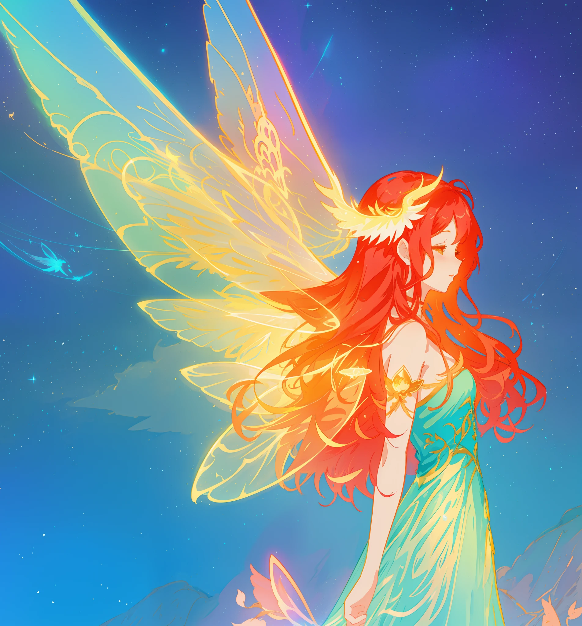 beautiful girl in flowing ballgown dress, (glowing fairy wings), glowing flowing ballgown, long wavy hair, sparkling fairy wings, watercolor illustration, flowers and colorful plants, inspired by Glen Keane, inspired by Lois van Baarle, disney art style, by Lois van Baarle, glowing aura around her, by Glen Keane, jen bartel, glowing lights! digital painting, flowing glowing hair, glowing flowing hair, beautiful digital illustration, fantasia otherworldly landscape plants flowers, beautiful, masterpiece, best quality, anime disney style