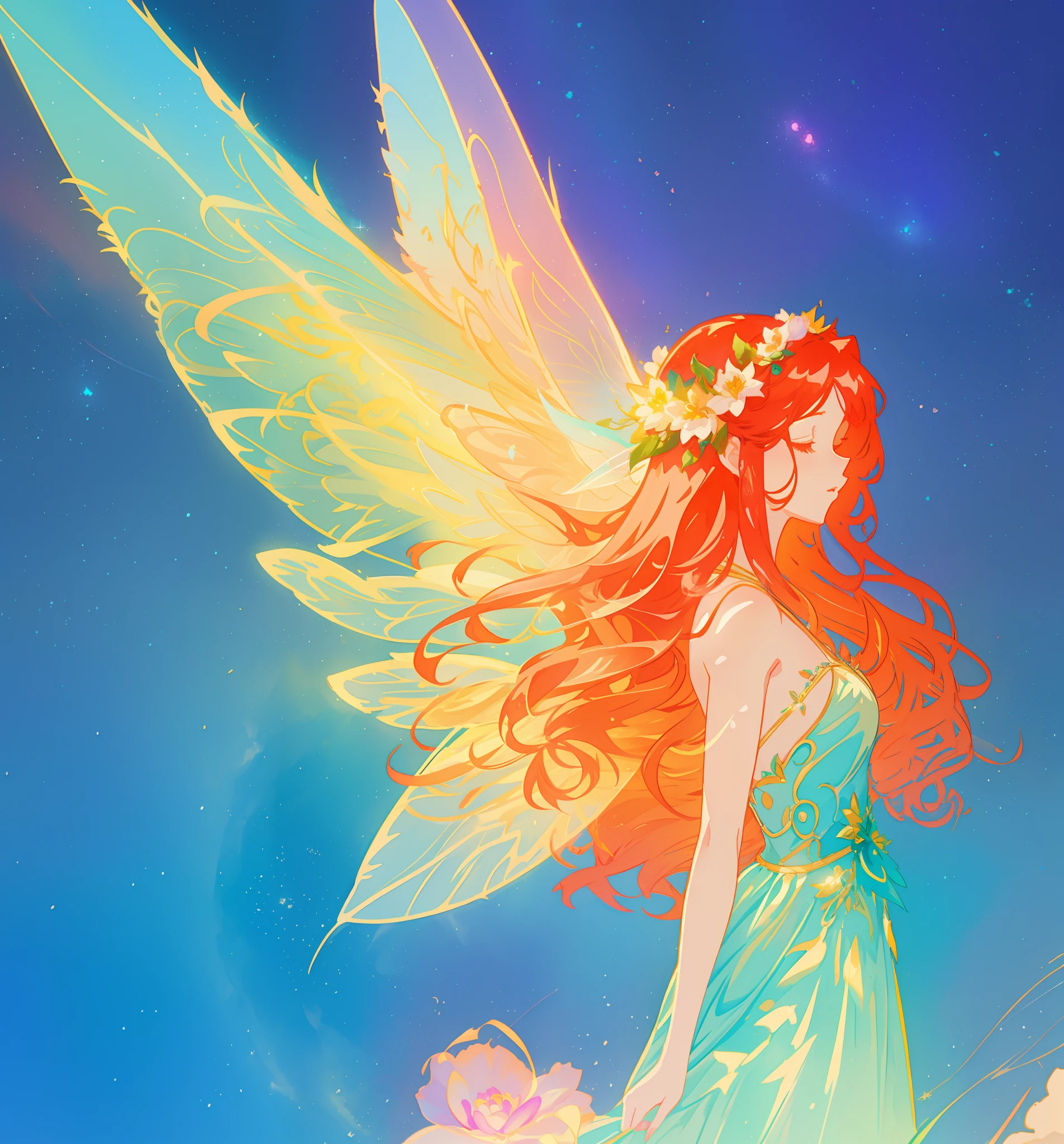 beautiful girl in flowing ballgown dress, (glowing fairy wings), glowing flowing ballgown, long wavy hair, sparkling fairy wings, watercolor illustration, flowers and colorful plants, inspired by Glen Keane, inspired by Lois van Baarle, disney art style, by Lois van Baarle, glowing aura around her, by Glen Keane, jen bartel, glowing lights! digital painting, flowing glowing hair, glowing flowing hair, beautiful digital illustration, fantasia otherworldly landscape plants flowers, beautiful, masterpiece, best quality, anime disney style