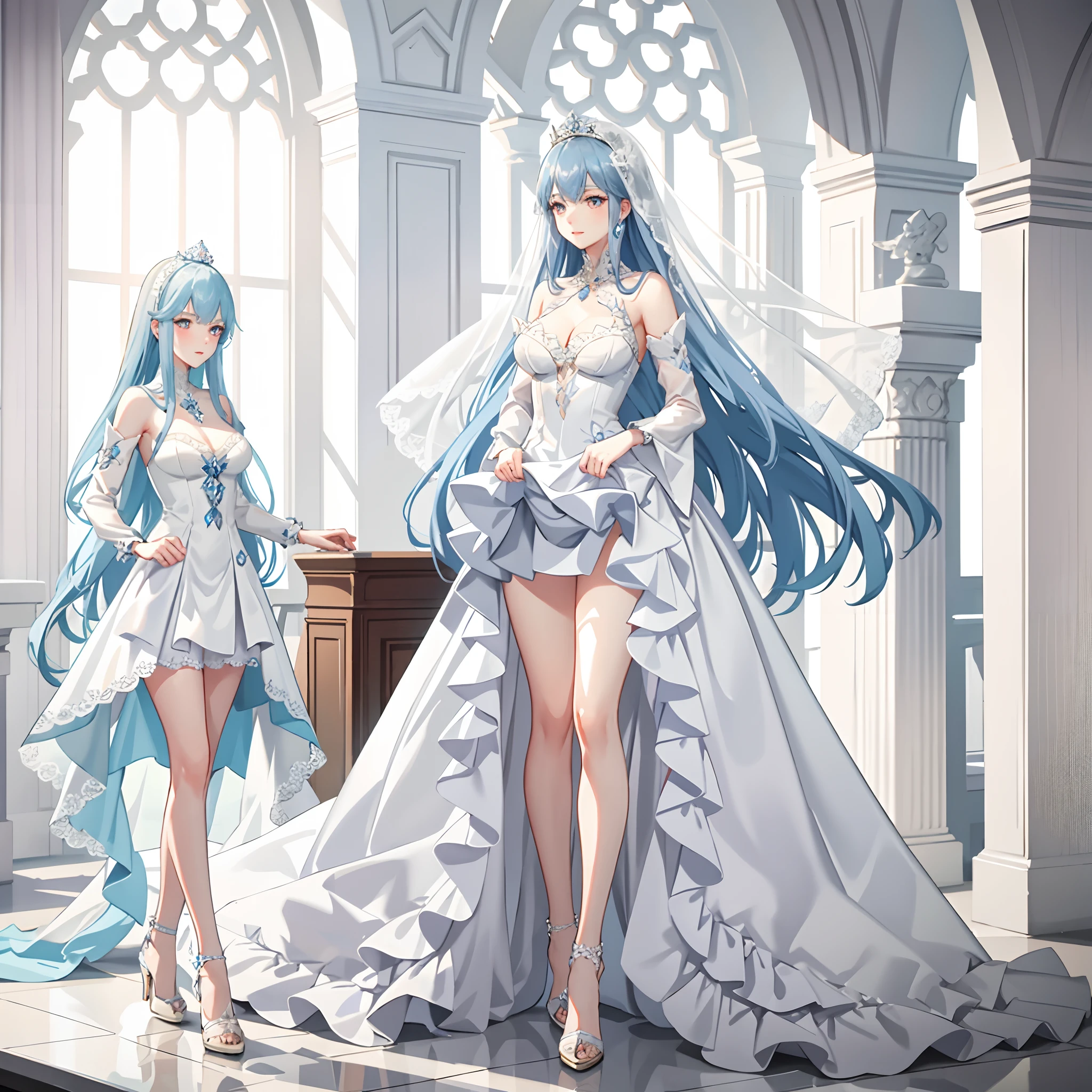 Less royalty,Delicate cold white skin face,Delicate Crystal Princess heels,nedium breasts,cleavage,The long legs are thin and straight, and white,white lace wedding dress,Look at the theme,mediuml breasts,are standing,Princess Throne,Blue hair,White leg suit,Blue pupil,Diamond Crown,lace legwear,8K screen,CG anime