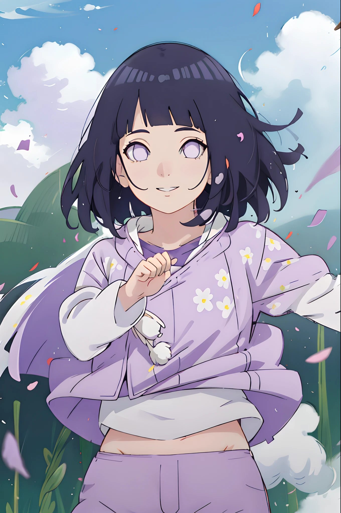 hyouka\(Boruto\), 1girll, 独奏, Purple underwear , White eyeballs from behind, Close-up shot, looking at viewert, ssmile, exteriors, Lavender flower field, florals, daysies, mostly cloudy sky, ventania, Floating hair, Falling petals