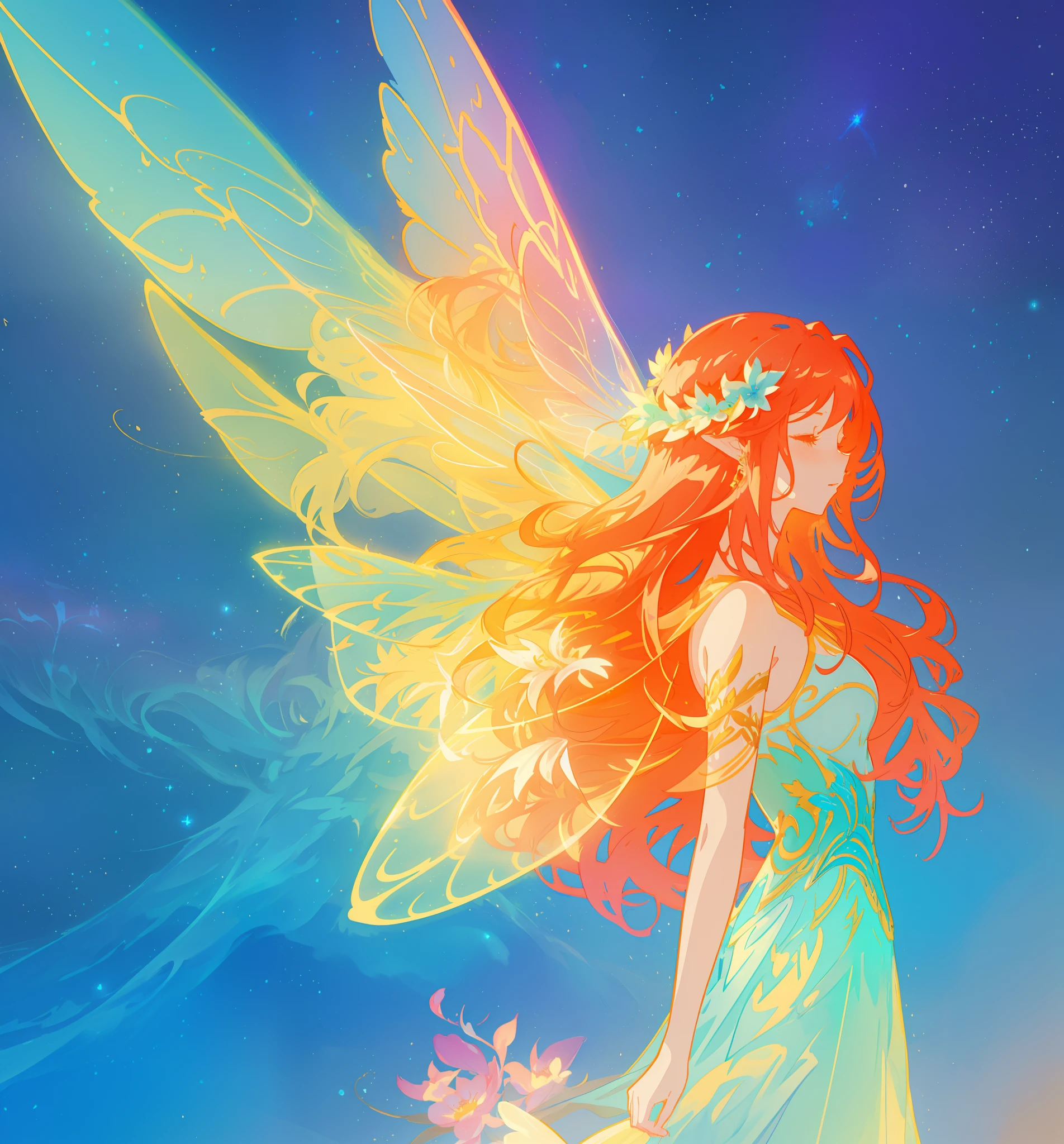 beautiful girl in flowing ballgown dress, (glowing fairy wings), glowing flowing ballgown, long wavy hair, sparkling fairy wings, watercolor illustration, flowers and colorful plants, inspired by Glen Keane, inspired by Lois van Baarle, disney art style, by Lois van Baarle, glowing aura around her, by Glen Keane, jen bartel, glowing lights! digital painting, flowing glowing hair, glowing flowing hair, beautiful digital illustration, fantasia otherworldly landscape plants flowers, beautiful, masterpiece, best quality, anime disney style