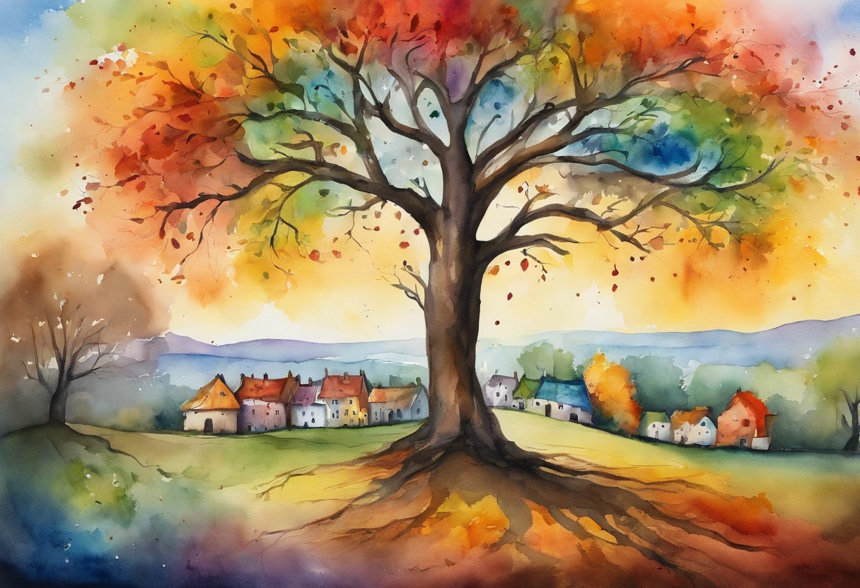 "A towering tree with vibrant rainbow-colored leaves, casting its majestic shadow over an enchanting fantasy village."
