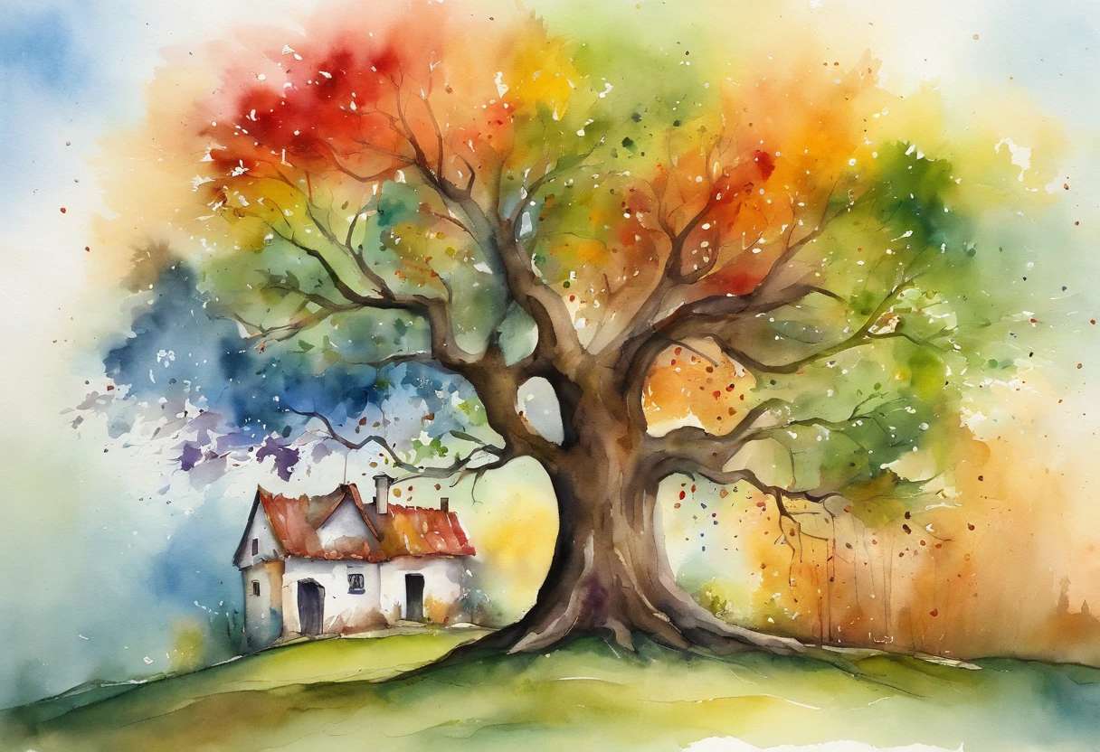 "A towering tree with vibrant rainbow-colored leaves, casting its majestic shadow over an enchanting fantasy village."