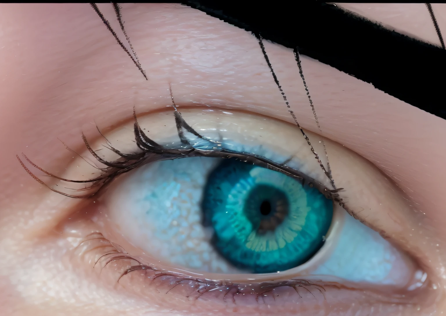 olho realista com um olho preto e um olho rosa, grandes olhos inclinados para baixo, posicionamento correto dos olhos, nenhuma mancha sobre o olho direito, terceiro olho no meio da testa, ponto laser entre os olhos, Olhos enormes inclinados para baixo, terceiro olho no meio da testa, Various eyelid positions, Eyelids, branco ao redor do olho direito, olho realista, sobrancelha realista, textura de pele realista, pele clara com tons rosados, foto de olho de mulher, olho bonito, imagem realista de alta qualidade, imagem nitida de alta qualidade, nitidez de imagem de olho realista, imagem com nitidez perfeita de alta qualidade 4k ultra, melhor qualidade de imagem, super nitido