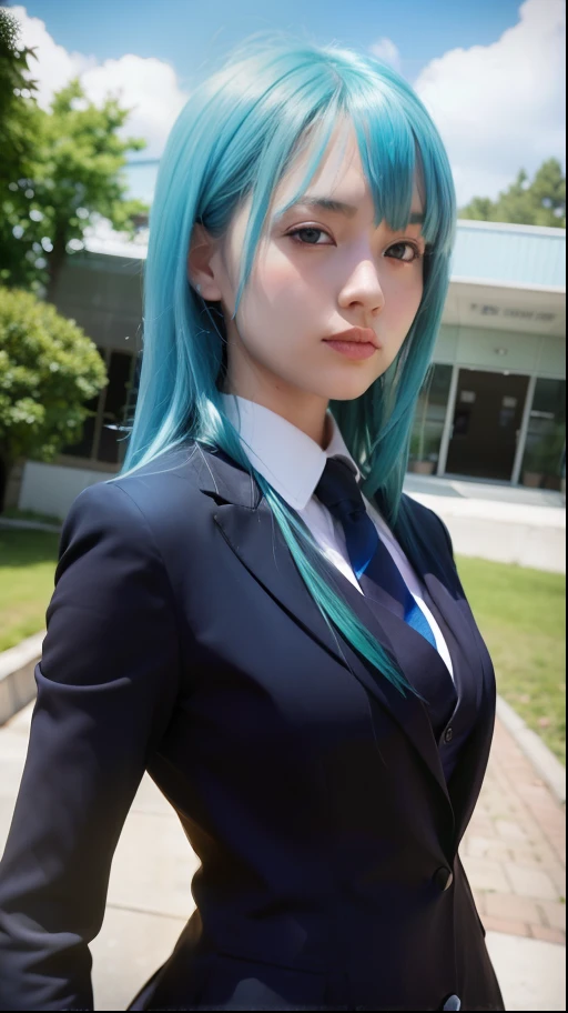 a close up of a girl in a suit and tie standing in front of a building, girl with teal hair, mikudayo, anime visual of a young woman, jk uniform, visual of a cute girl, female character, blue uniform, beautiful high school girl, short blue haired woman, High quality image, masterpiece, detailed hair texture, detailed skin texture, detailed cloth texture, 8k, add fabric details, ultra detailed skin texture, ultra detailed photo, skin pores, cloth details, high skin details, realistic hair details
