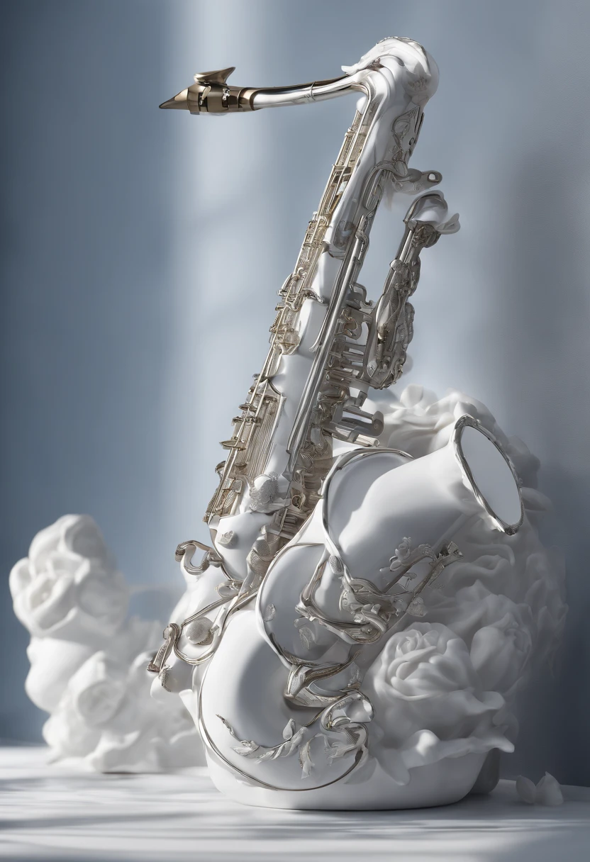 Blue and white porcelain,Ceramic material,saxophone,artwork of a,High detail,3D,Chiaroscuro, Cinematic lighting, god light, Cinematic lighting, hyper HD, High details, Best quality, A high resolution, Textured skin