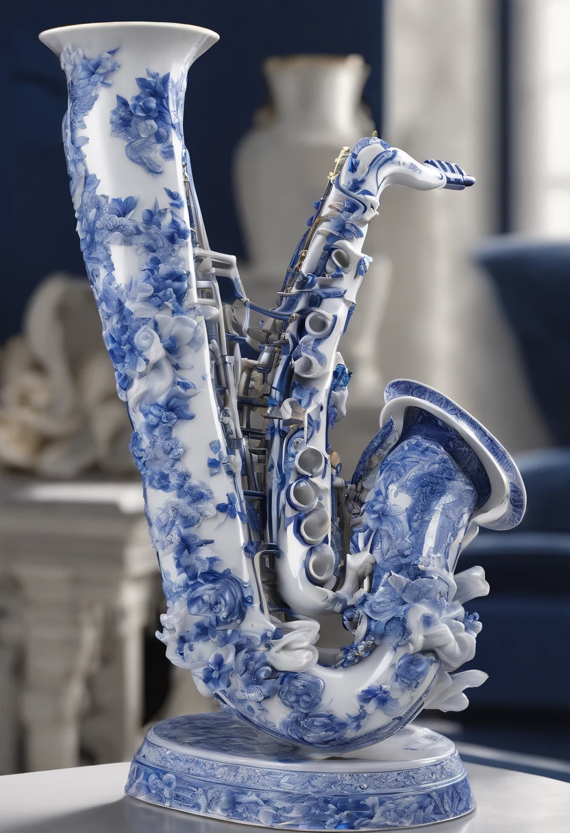 Blue and white porcelain,Ceramic material,saxophone,artwork of a,High detail,3D,Chiaroscuro, Cinematic lighting, god light, Cinematic lighting, hyper HD, High details, Best quality, A high resolution, Textured skin