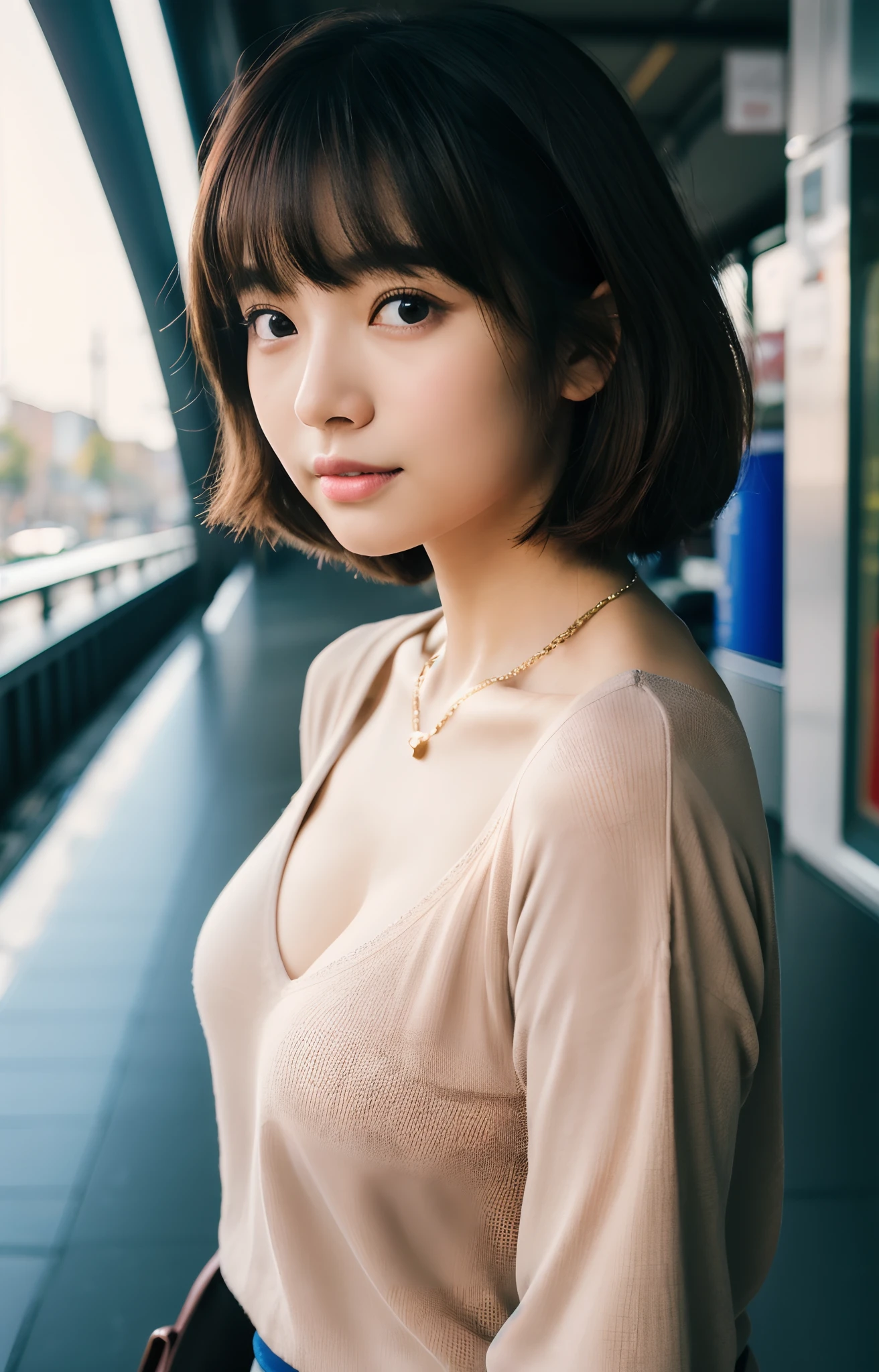 8K、top-quality、masterpiece、超A high resolution、a picture、Beautiful Japan female elegance、There is a good、Transparent atmosphere、sexy lip、oblique bangs、Beautiful face、Very short、short-cut、short-hair、Putting hair together、Making bangs、smil、chubby lips、natural soft light、1girl in、de pele branca、Look into the distance、Duck mouth、Hanging eyes、Thin thin eyebrows、Brown-eyed、tall、a large bust、cleavage of the breast、Bust that seems to overflow、pureerosface、cowboy shot、a necklace、wrist watch、24 year old、Wine red color、Deep red knitwear、V-neck knit T-shirt、cashmere、long-sleeve、High Stretch、Physically fit、Calm fashion、Tight、Futomo、escalators、Whip body、Black scar
