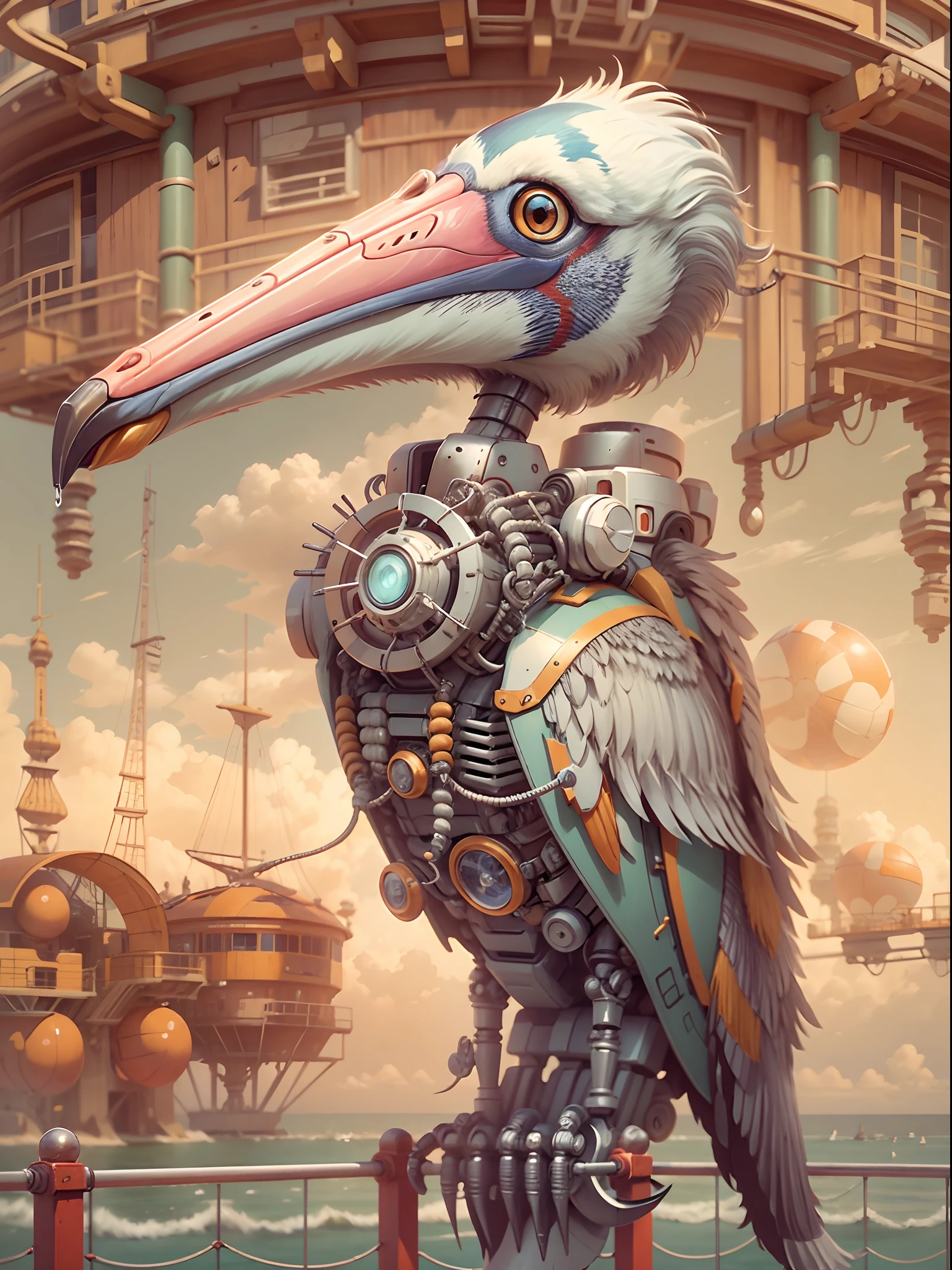 (Robot Pelican), Background: Seaside,{{Masterpiece}},{{{Best quality}}},{{Ultra-detailed}}, mechanical structure,Photography,author：Alberto Vargas and H.r. Giger,author：Andrey Remnev,rendering by octane,high resolution,hyper qualit,High detail,8K surrealism,Medium Shot Shot,