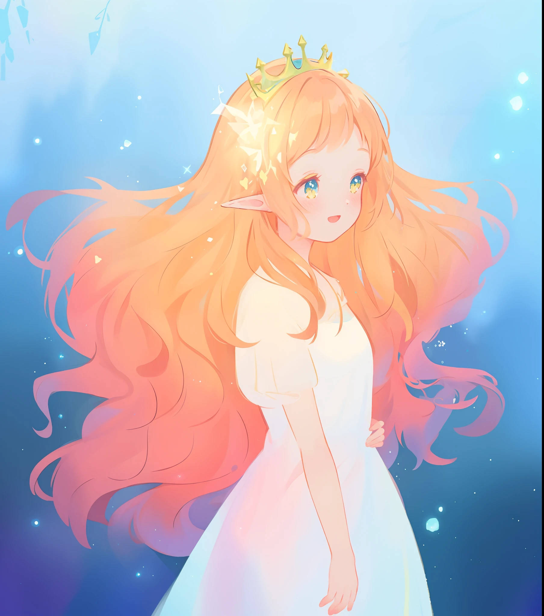 beautiful girl in white elven dress, elven princess, elf ears, princess, white sparkling crown made of vines and flowers, vibrant pastel colors, (colorful), magical lights, red and gold long wavy hair, sparkling lines of light, inspired by Glen Keane, inspired by Lois van Baarle, disney art style, by Lois van Baarle, glowing aura around her, by Glen Keane, jen bartel, glowing lights! digital painting, flowing glowing hair, glowing flowing hair, beautiful digital illustration, fantasia background, whimsical, magical, fantasy, beautiful face, ((masterpiece, best quality)), intricate details, highly detailed, sharp focus, 8k resolution, sparkling detailed eyes, liquid watercolor