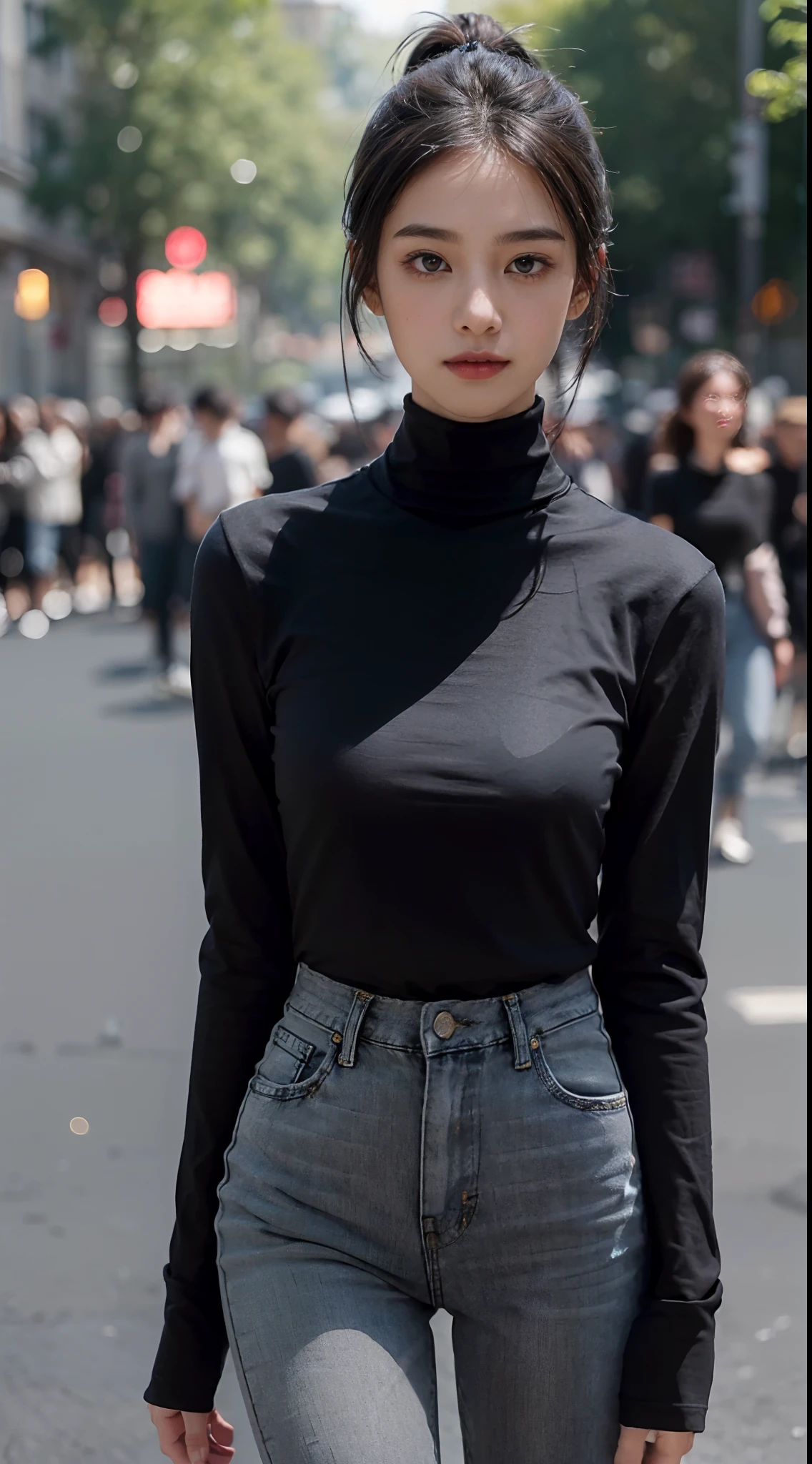 (shoulder length straight short black hair: 1.3), （Extremely meticulous CG 8k wallpaper），（Extremely refined and beautiful），（Masterpiece），（best qualtiy：1.0），（Ultra High Resolution：1.0），beautiful light up，Perfect lightning，realistic shaded，[A high resolution]，Smooth and flawless fair skin，Extremely exquisite facial details，（perfect body：1.1），ultra - detailed，A beautiful girl,small head,(short ponytail:1.2),(Small breasts:1.1),Flat chests，slim，thin，Smile，cheerfulness,(Dark grey long sleeved high neck T-shirt:1.5),(Loose and bulky jeans:1.3),Slender legs,(white sneakers:1.2),(nightfall:1.5),Sunset light,(Surrounded by a crowded crowd:1.5),At the school gate,standing,upper body,close shot