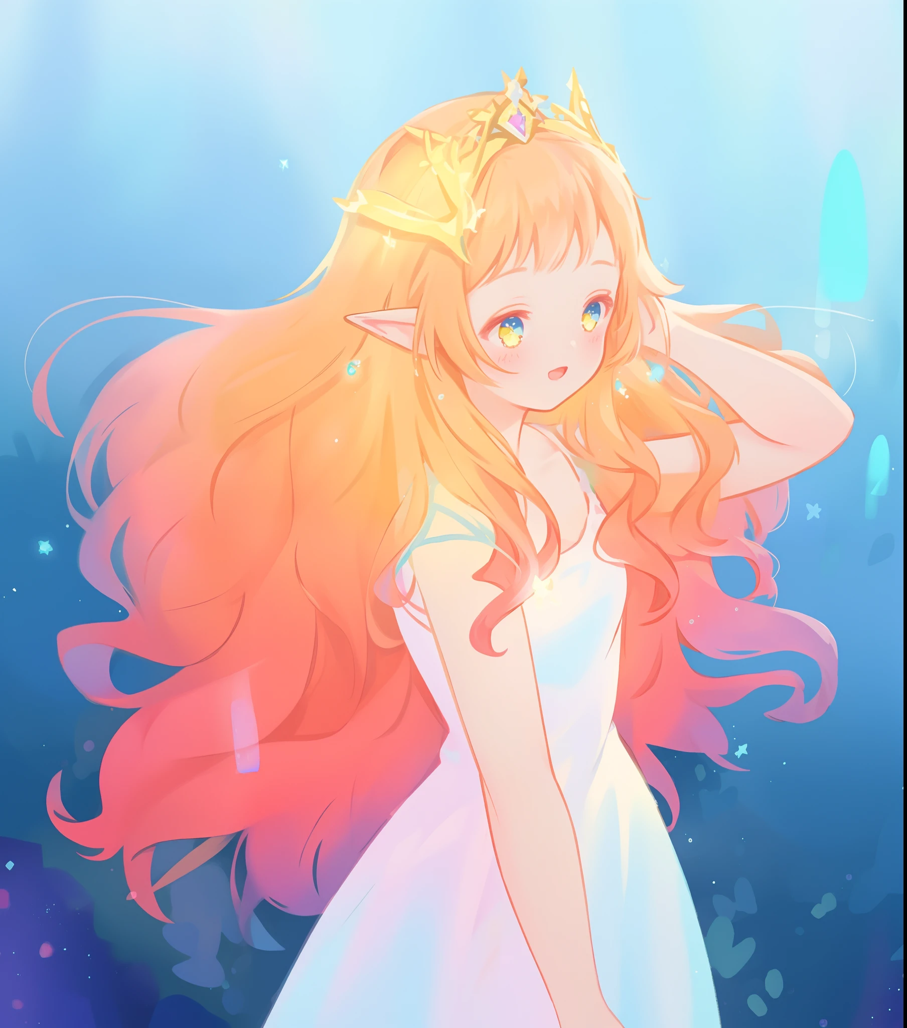 beautiful girl in white elven dress, elven princess, elf ears, princess, white sparkling crown made of vines and flowers, vibrant pastel colors, (colorful), magical lights, red and gold long wavy hair, sparkling lines of light, inspired by Glen Keane, inspired by Lois van Baarle, disney art style, by Lois van Baarle, glowing aura around her, by Glen Keane, jen bartel, glowing lights! digital painting, flowing glowing hair, glowing flowing hair, beautiful digital illustration, fantasia background, whimsical, magical, fantasy, beautiful face, ((masterpiece, best quality)), intricate details, highly detailed, sharp focus, 8k resolution, sparkling detailed eyes, liquid watercolor