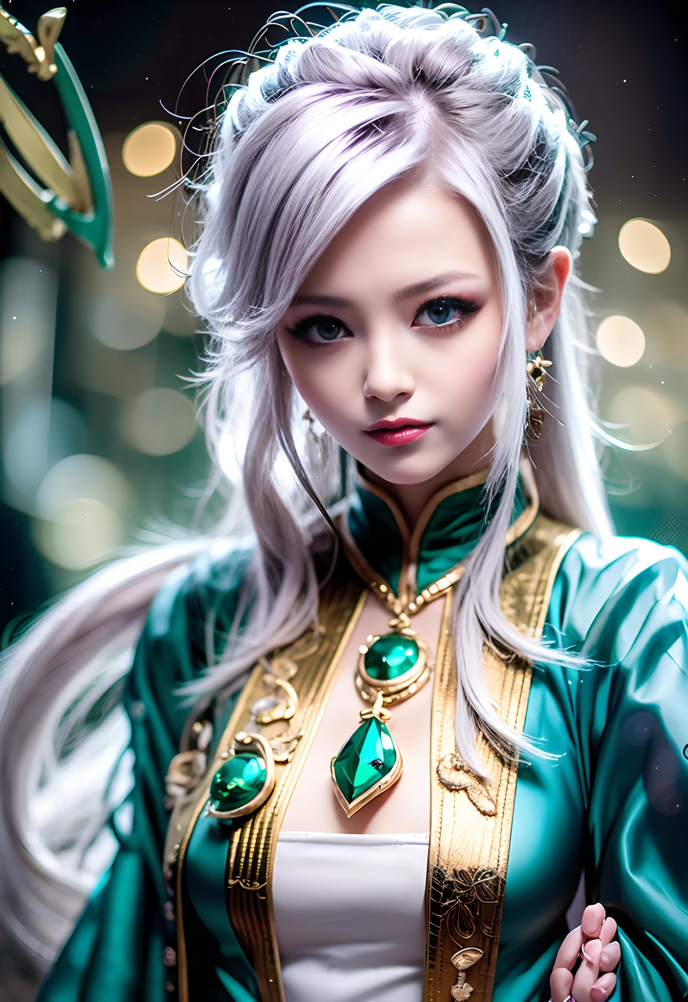 silver hair emerald  eye warrior high warlock female tattoo high cheekbone strong expression angelic quality --auto --s2