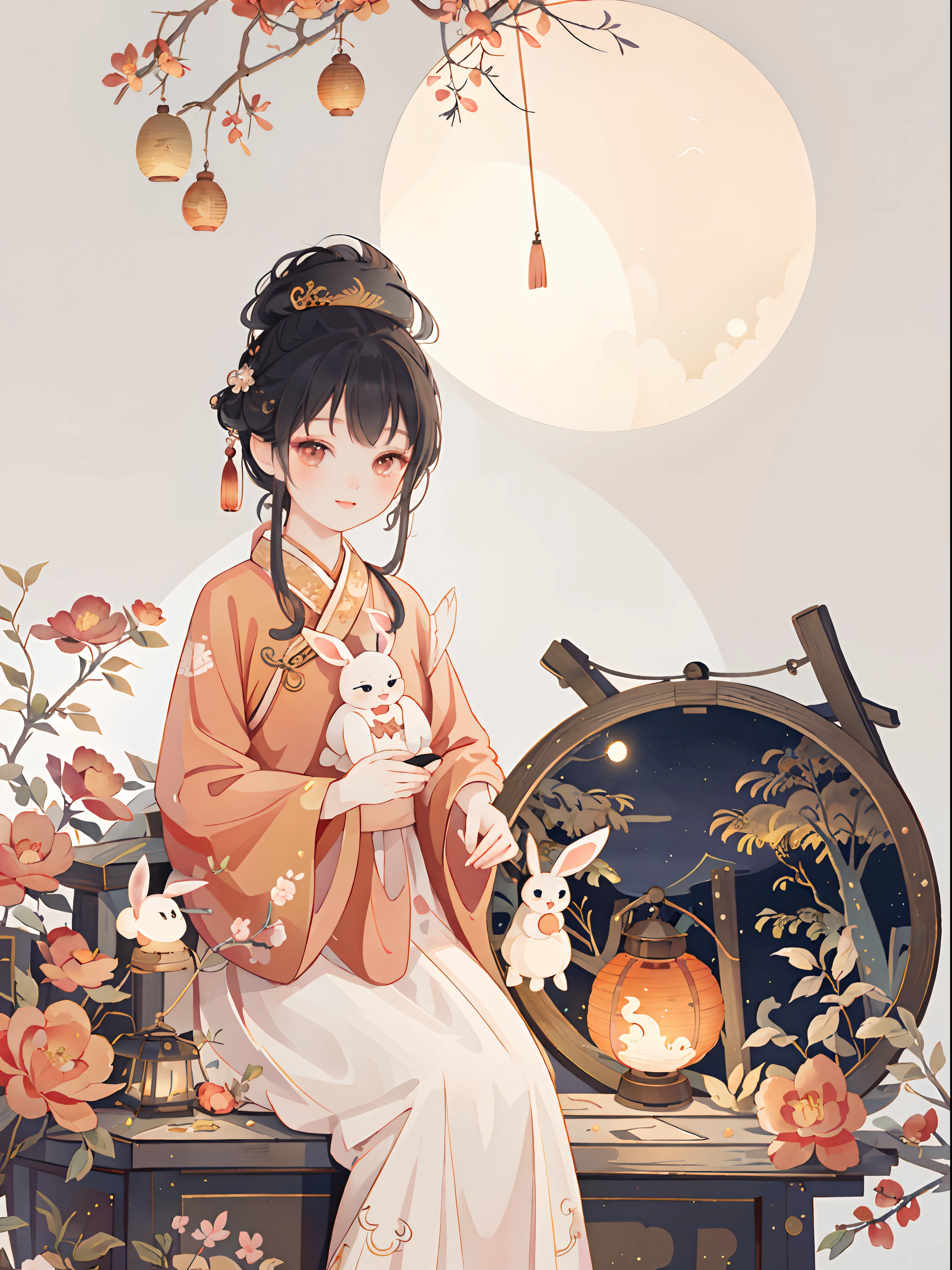 Mid-Autumn Festival,A lovely fairy,Wearing Chinese costumes,holding a lantern,Cute rabbit next to the girl,Lantern,Auspicious clouds,Behind the huge moon,a warm color palette,Abstract screen,ultra-realistic realism,pixar-style,3d effect,Disney style,clear contour light,rim-light,dream magical,spotlight lights,8k