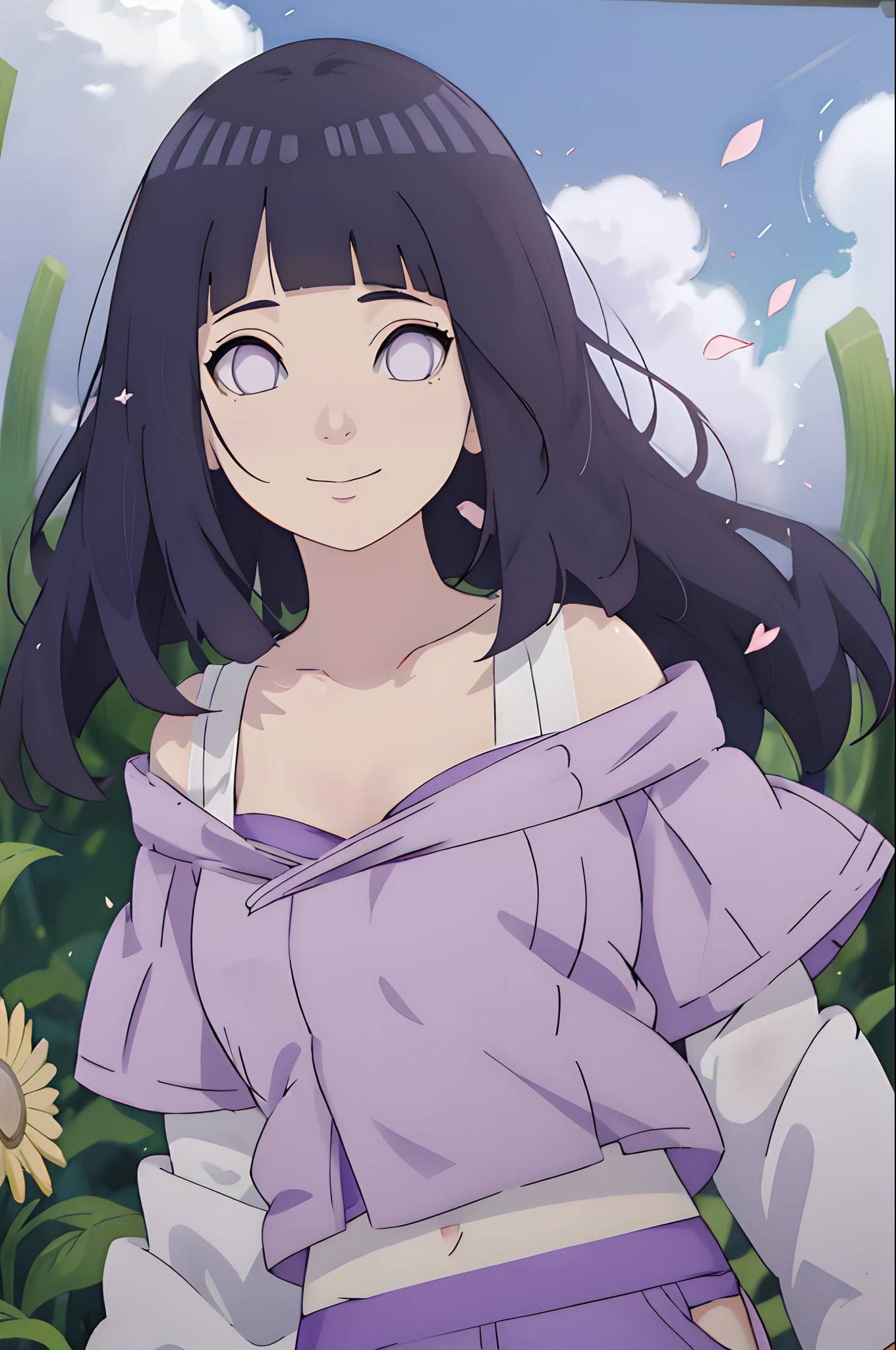 hyouka\(Boruto\), 1girll, 独奏,Off-the-shoulder attire,cleavage, Purple underwear , Look at the white eyeball from behind, Close-up shot, looking at viewert, ssmile, exteriors, Lavender flower field, florals, daysies, mostly cloudy sky, ventania, Floating hair, Falling petals