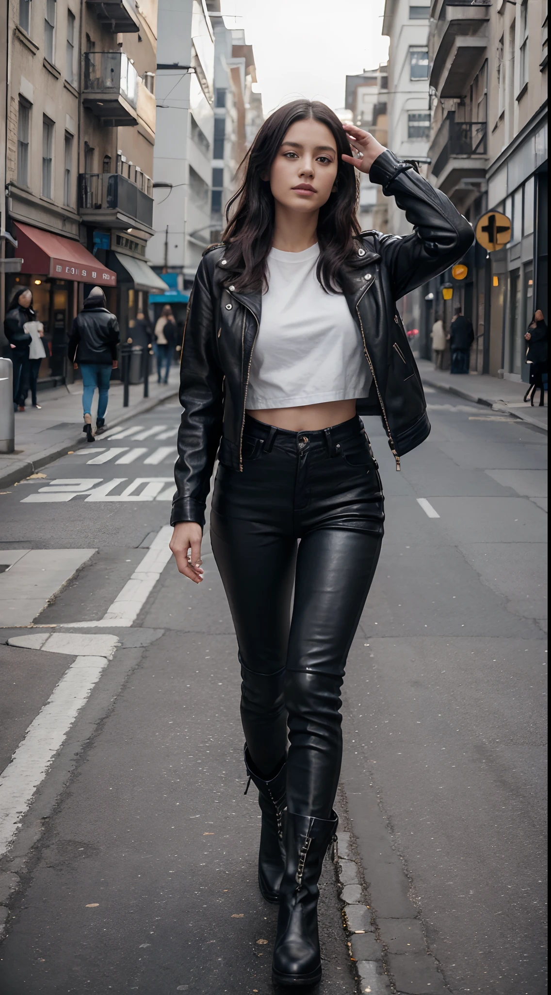 Gants en cuir noir avec cinq doigts dans les deux mains, Jupe moulante en cuir noir, white sexy top, Bottes longues en cuir noir, debout en mouvement, les deux mains de gants de cuir alignées sur ses genoux, milf aux cheveux attachés
