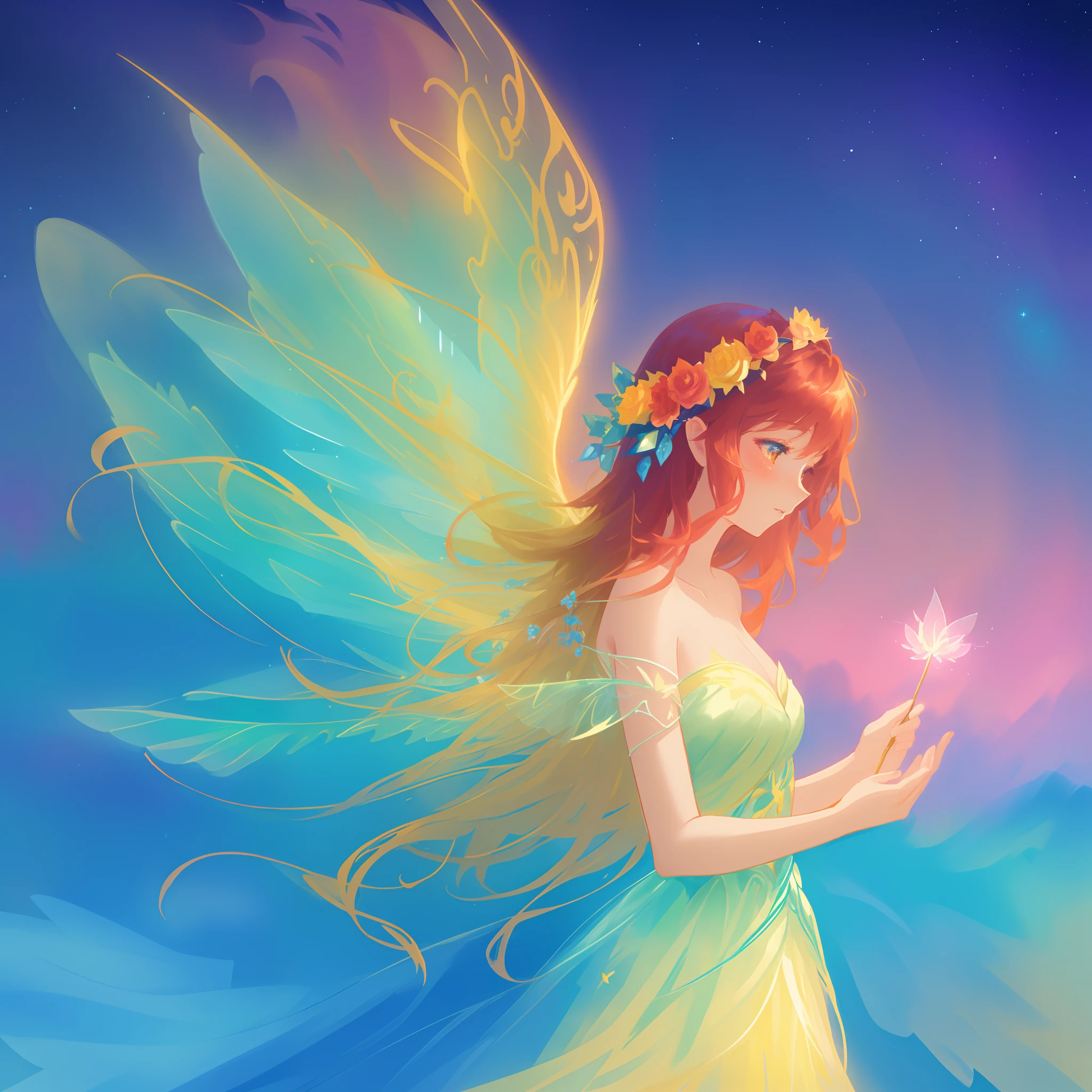 beautiful girl in flowing ballgown dress, (glowing fairy wings), glowing flowing ballgown, long wavy hair, sparkling fairy wings, watercolor illustration, flowers and colorful plants, inspired by Glen Keane, inspired by Lois van Baarle, disney art style, by Lois van Baarle, glowing aura around her, by Glen Keane, jen bartel, glowing lights! digital painting, flowing glowing hair, glowing flowing hair, beautiful digital illustration, fantasia otherworldly landscape plants flowers, beautiful, masterpiece, best quality, anime disney style