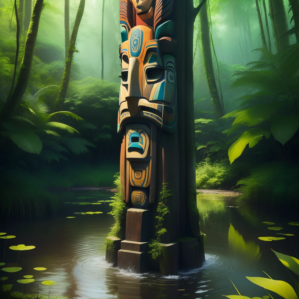 Totem pole on the side of a pond, in the rainforest, trees