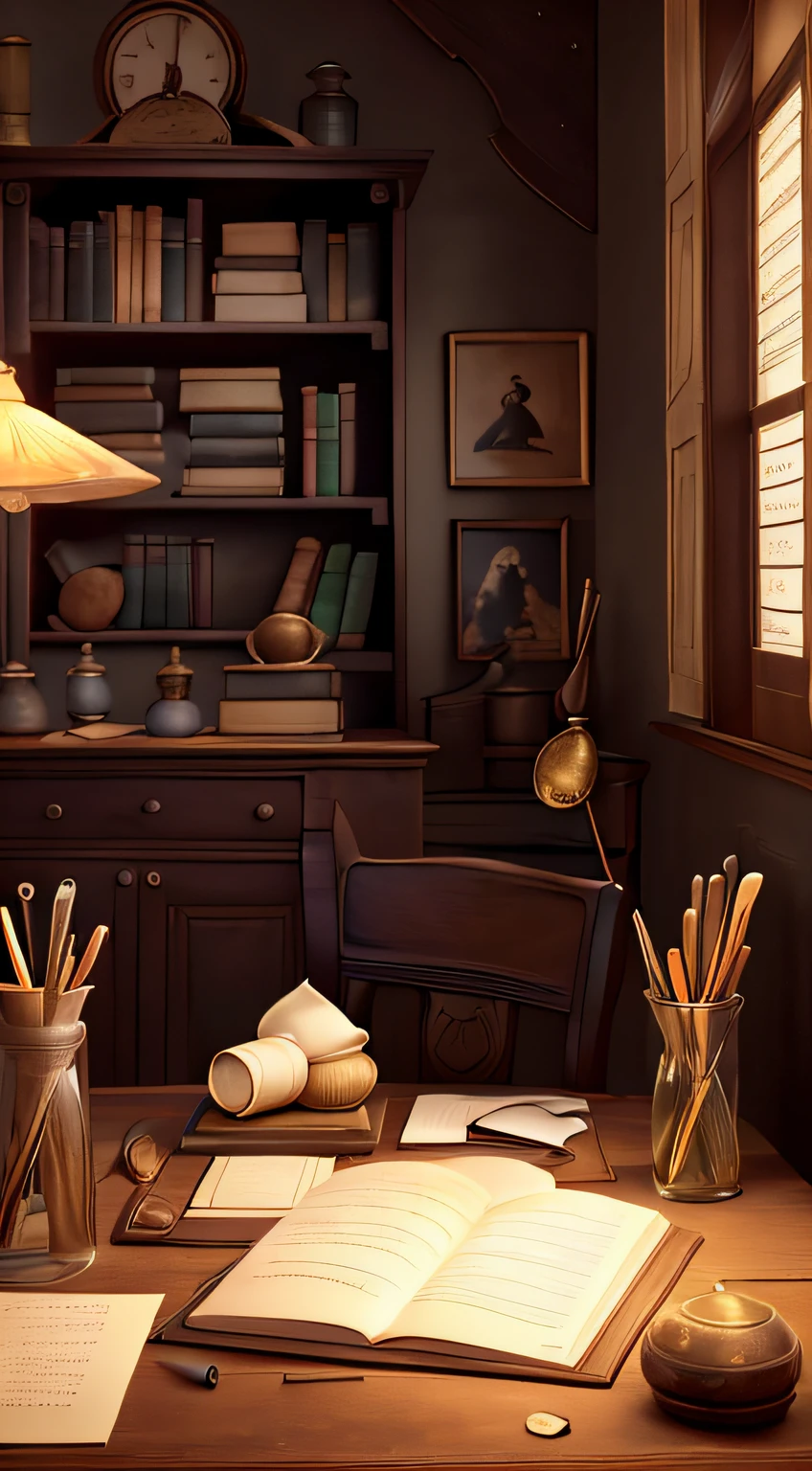 best quality,ultra-detailed,realistic,pen writing a book,hand holding a feather pen,classic lamp,soft candlelight,bookshelf in the background,paper stack beside the book,ink bottle,ancient writing tools,vintage pen stand,vivid colors,antique leather-bound book,exquisite calligraphy,subtle shadows,detailed hand anatomy,fine paper texture,old world charm,tranquil atmosphere,intense concentration,historical setting,silence and solitude,creative process,masterpiece in progress,meticulous ink strokes,inspiring surroundings,faint scent of ink,long hours of dedication,quiet study corner,precise stroke control,stillness and tranquility,reveling in the eloquence of words,exquisite craftmanship,fading daylight