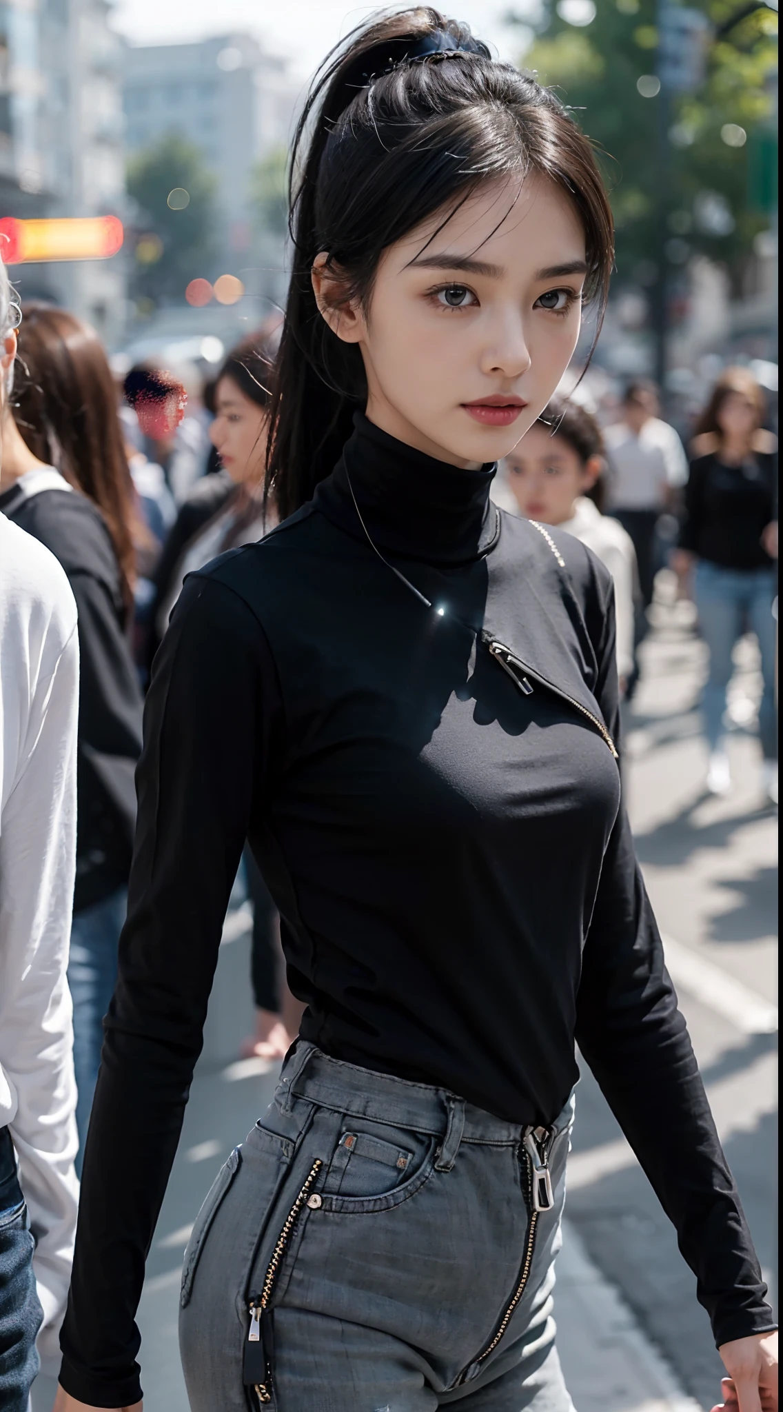 (shoulder length straight short black hair: 1.3), （Extremely meticulous CG 8k wallpaper），（Extremely refined and beautiful），（Masterpiece），（best qualtiy：1.0），（Ultra High Resolution：1.0），beautiful light up，Perfect lightning，realistic shaded，[A high resolution]，Smooth and flawless fair skin，Extremely exquisite facial details，（perfect body：1.1），ultra - detailed，A beautiful girl,small head,(short ponytail:1.2),(Small breasts:1.1),Flat chests，slim，thin，Smile，cheerfulness,(Dark grey long sleeved high neck T-shirt with zipper:1.5),(Loose and bulky jeans:1.3),Slender legs,(white sneakers:1.2),(nightfall:1.5),Sunset light,(Surrounded by a crowded crowd:1.5),At the school gate,standing,upper body,close shot