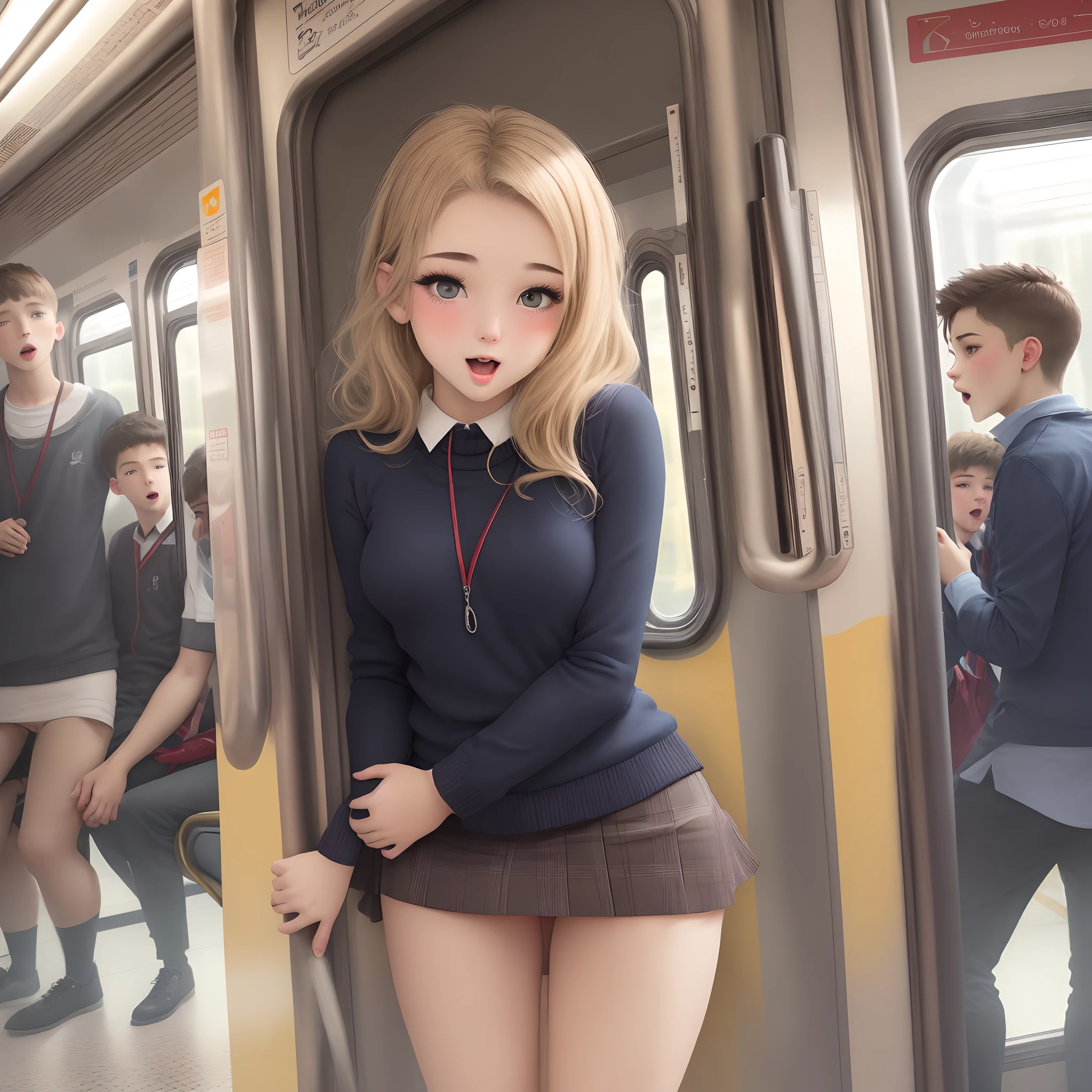 A very cute woman gets fully naked in a crowded train, wearing a white silk plunging open shirt