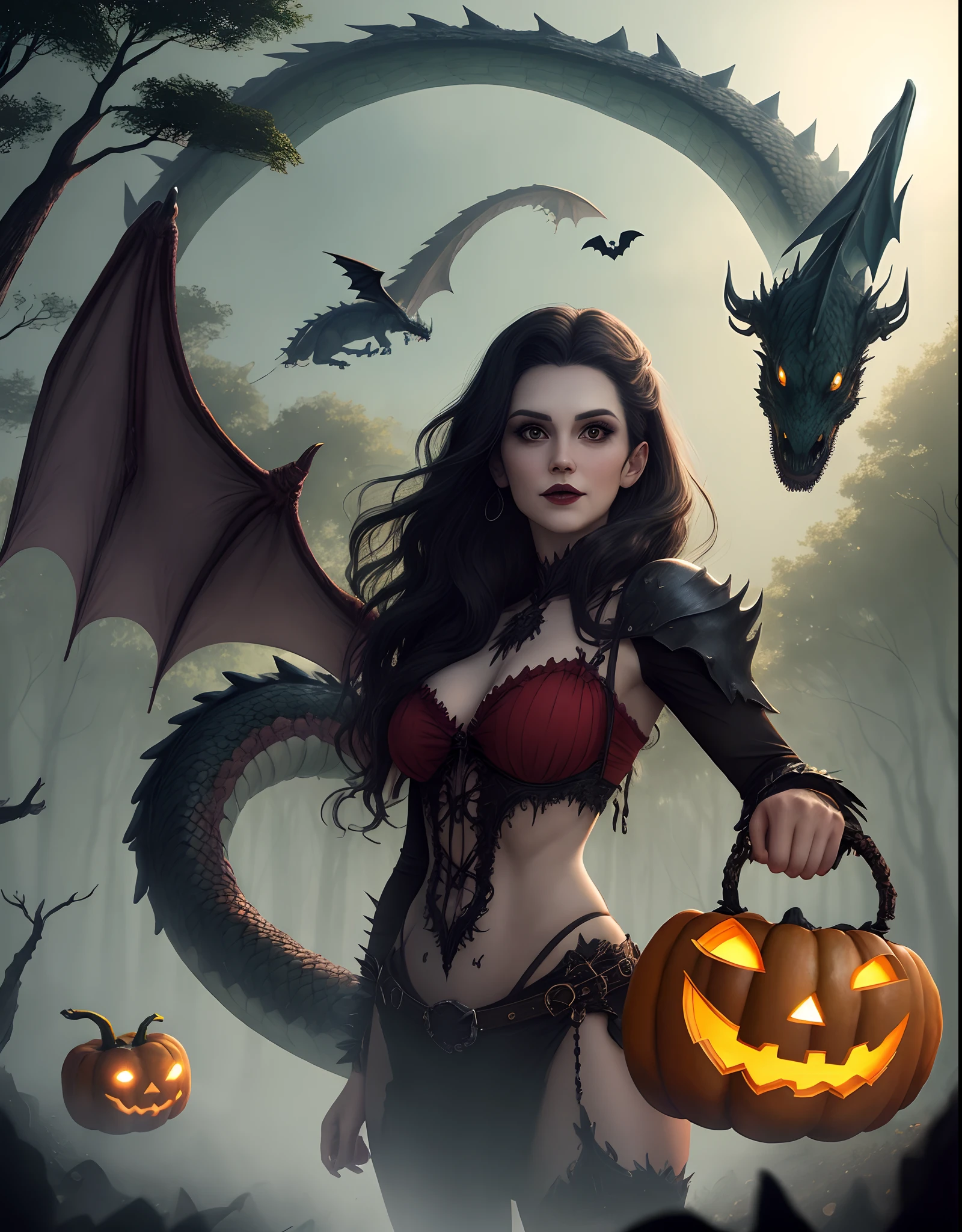 Halloween, uma do bruxa, And a dragon flying over the forest
