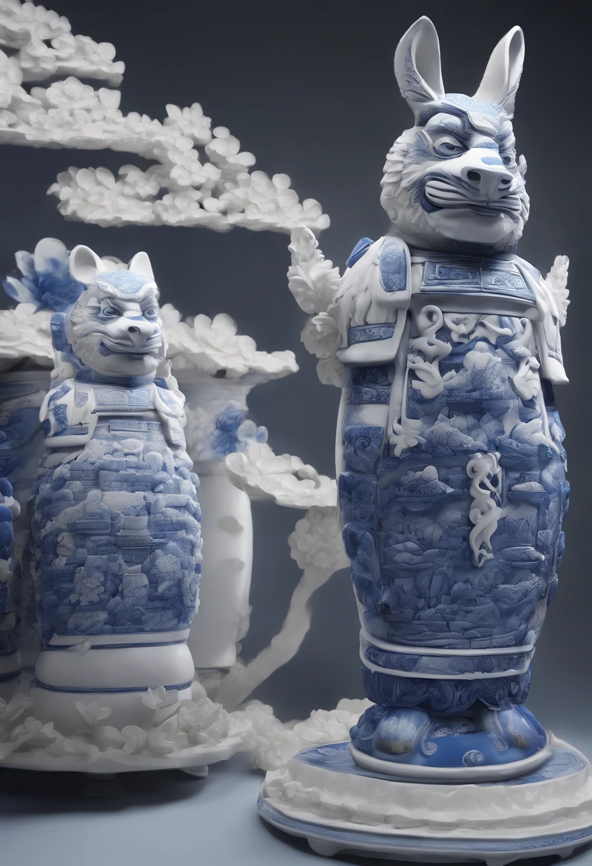 Blue and white porcelain,Ceramic material,Ancient Chinese Terracotta Army,artwork of a,High detail,3D,Chiaroscuro, Cinematic lighting, god light, Cinematic lighting, hyper HD, High details, Best quality, A high resolution, Textured skin