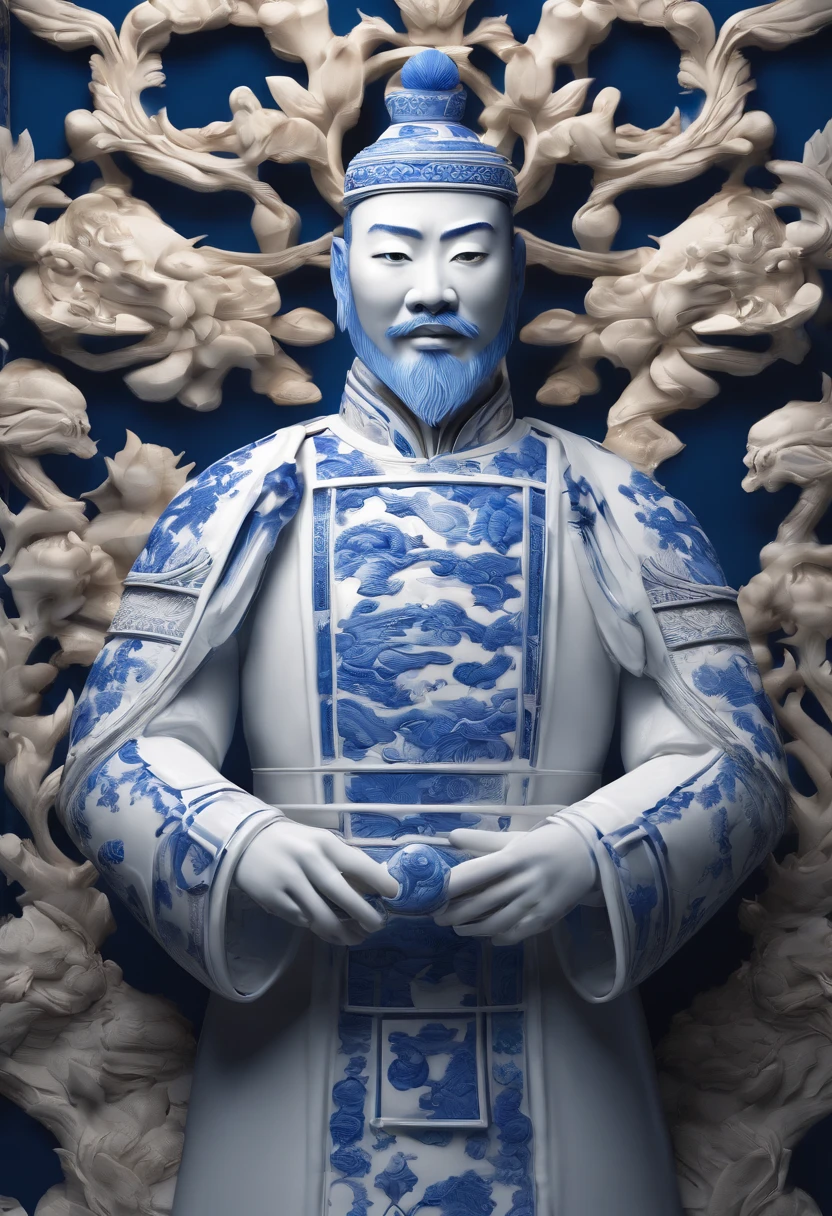 Blue and white porcelain,Ceramic material,terracotta warriors,anaglyph,petals,artwork of a,Ornaments, high detail,3D, Chiaroscuro, Cinematic lighting, god light, Cinematic lighting, hyper HD, High details, Best quality, A high resolution, Textured skin