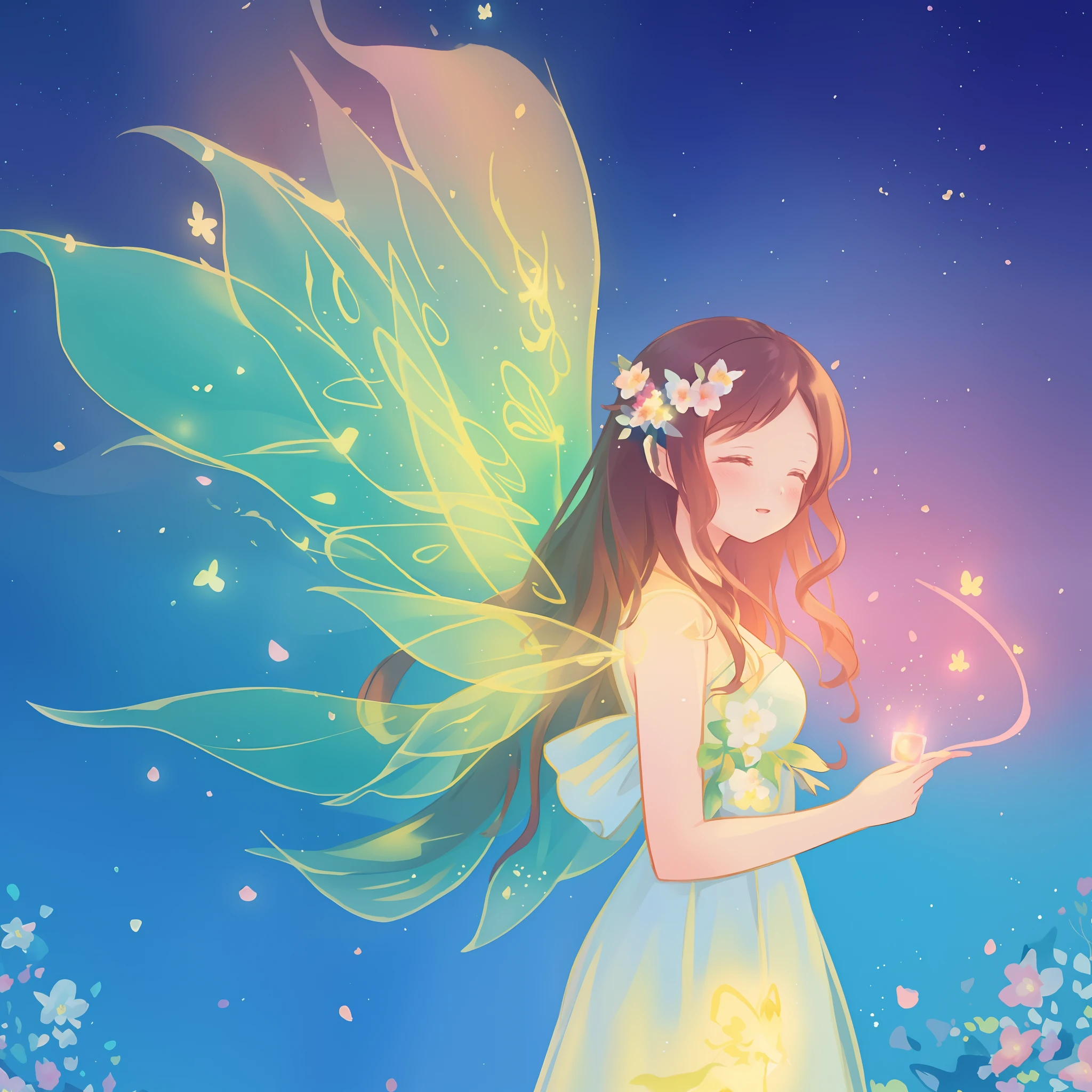 beautiful girl in flowing ballgown dress, (glowing fairy wings), glowing flowing ballgown, long wavy hair, sparkling fairy wings, watercolor illustration, flowers and colorful plants, inspired by Glen Keane, inspired by Lois van Baarle, disney art style, by Lois van Baarle, glowing aura around her, by Glen Keane, jen bartel, glowing lights! digital painting, flowing glowing hair, glowing flowing hair, beautiful digital illustration, fantasia otherworldly landscape plants flowers, beautiful, masterpiece, best quality, anime disney style