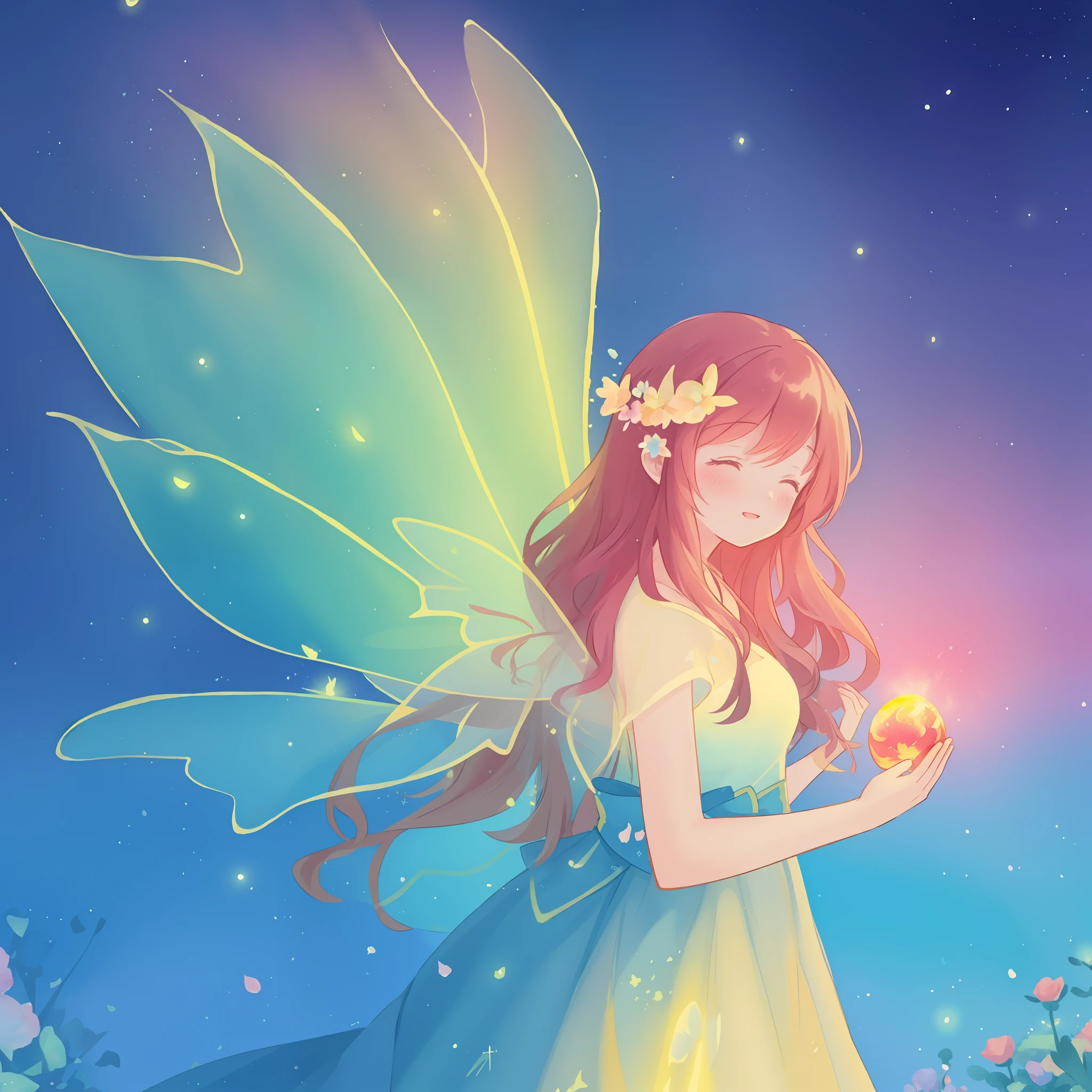 beautiful girl in flowing ballgown dress, (glowing fairy wings), glowing flowing ballgown, long wavy hair, sparkling fairy wings, watercolor illustration, flowers and colorful plants, inspired by Glen Keane, inspired by Lois van Baarle, disney art style, by Lois van Baarle, glowing aura around her, by Glen Keane, jen bartel, glowing lights! digital painting, flowing glowing hair, glowing flowing hair, beautiful digital illustration, fantasia otherworldly landscape plants flowers, beautiful, masterpiece, best quality, anime disney style