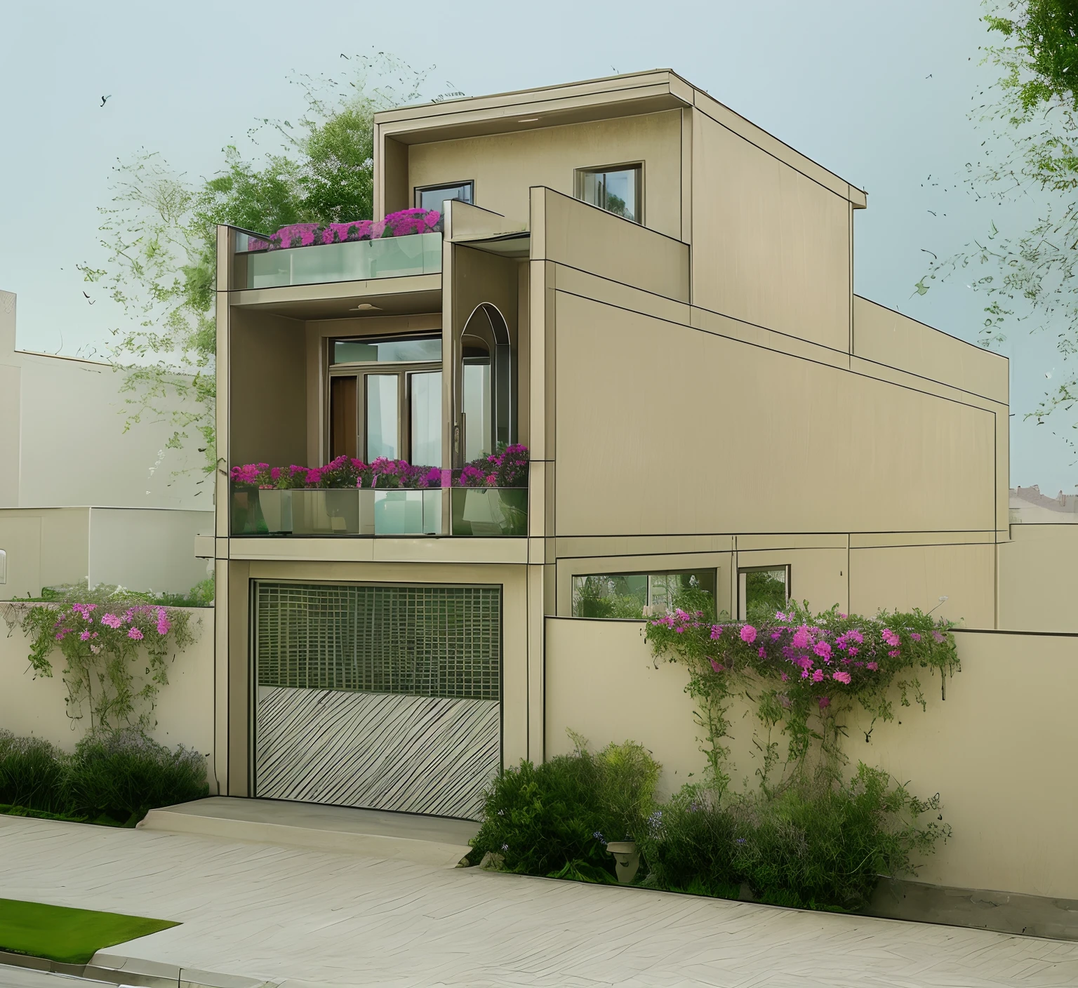 masterpiece, best quality, exterior house , townhouse , tree , flowers , sunsky , rolling door , glass , sun , butterfly