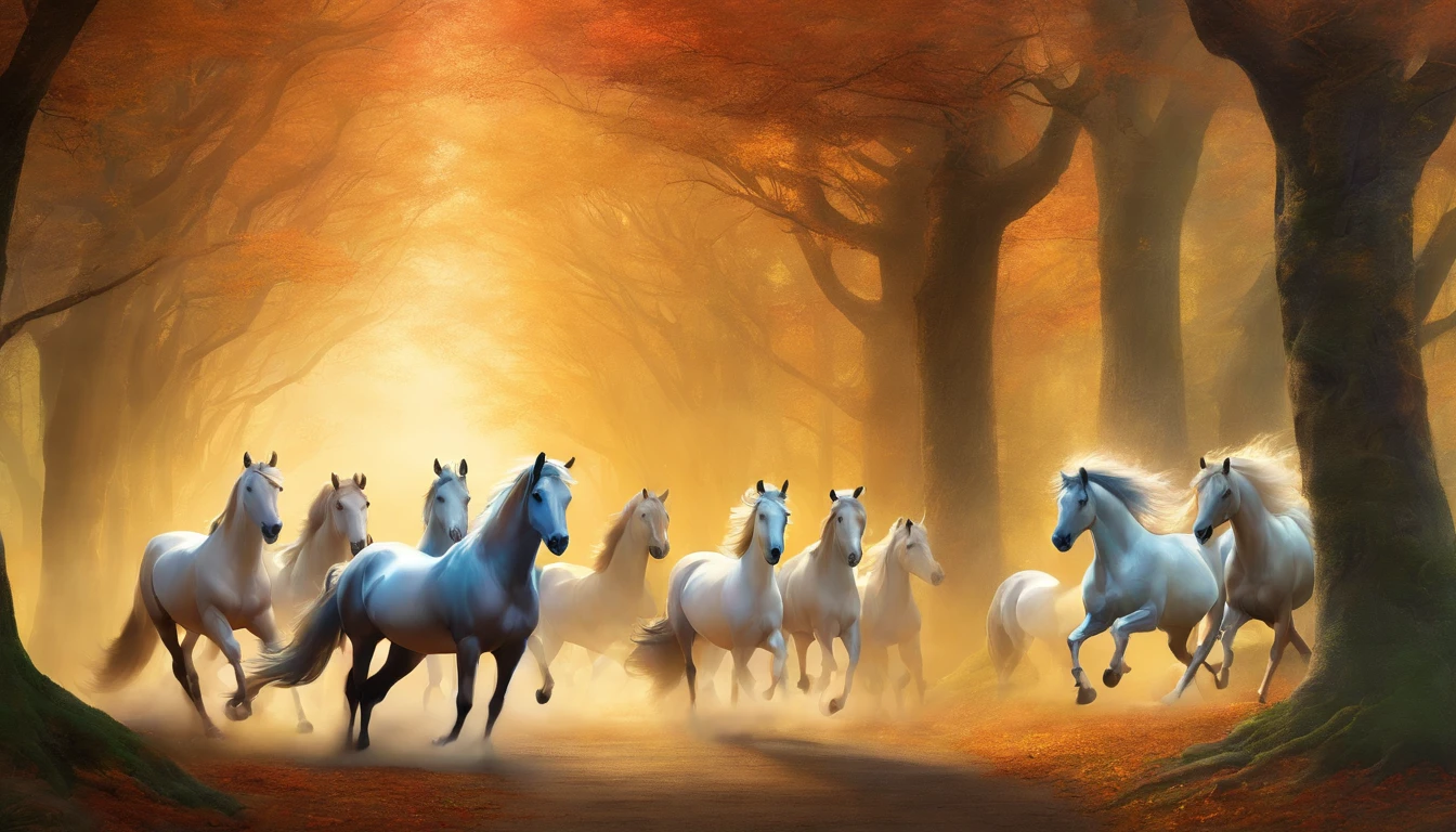 Seven majestic horses racing gracefully through an enchanted, ancient forest, surrounded by towering, luminous trees that whisper secrets, the atmosphere filled with an aura of wonder and mystique, Painting, watercolors on textured paper