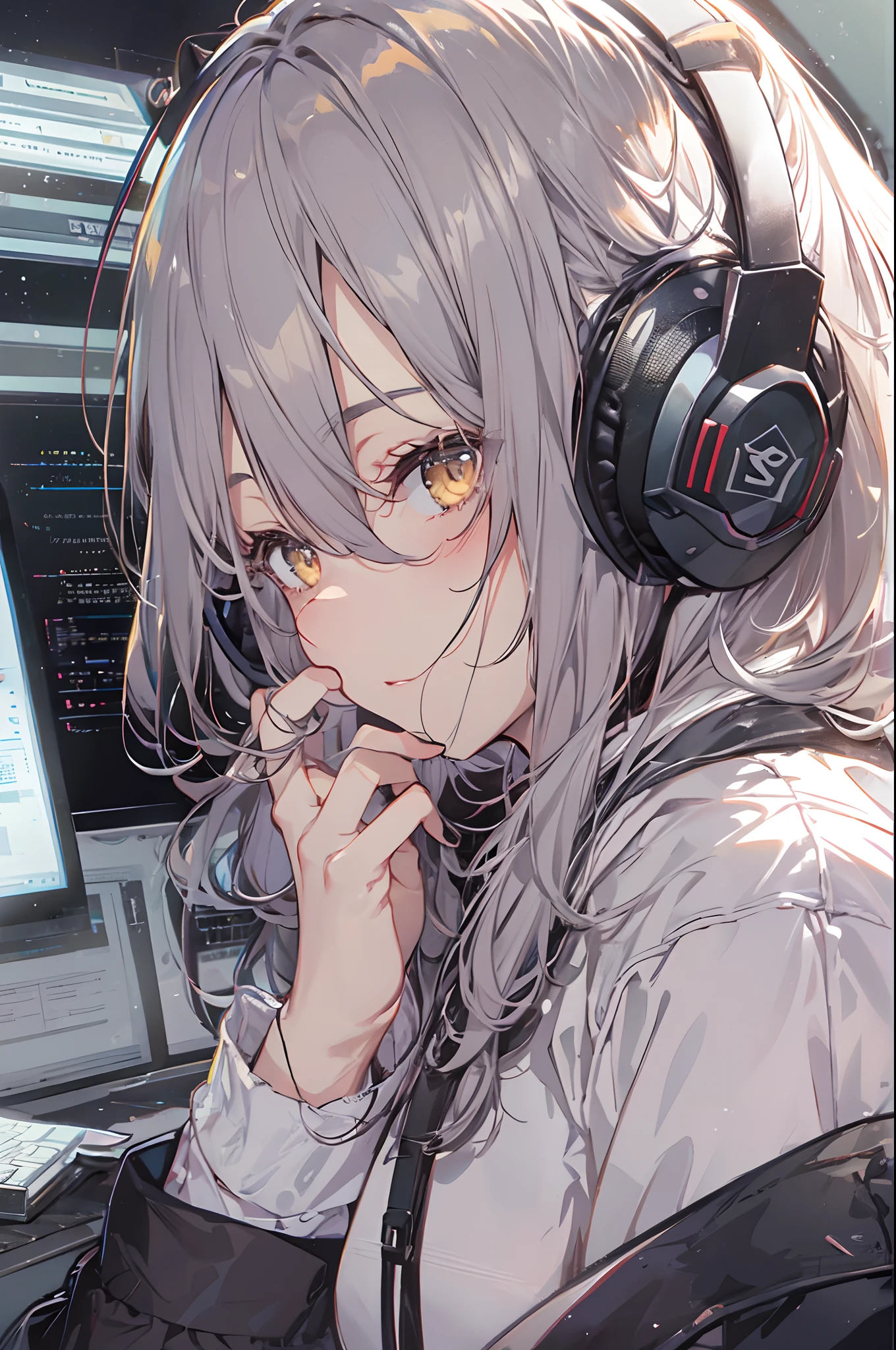 Woman using computer with big screen、silber hair、Semi-long hair、Wearing cool headphones,{{{{{{{{ Black Parker Oversize }}}}}}}},beautiful and delicate golden eyes,Thinking,Black clothes,