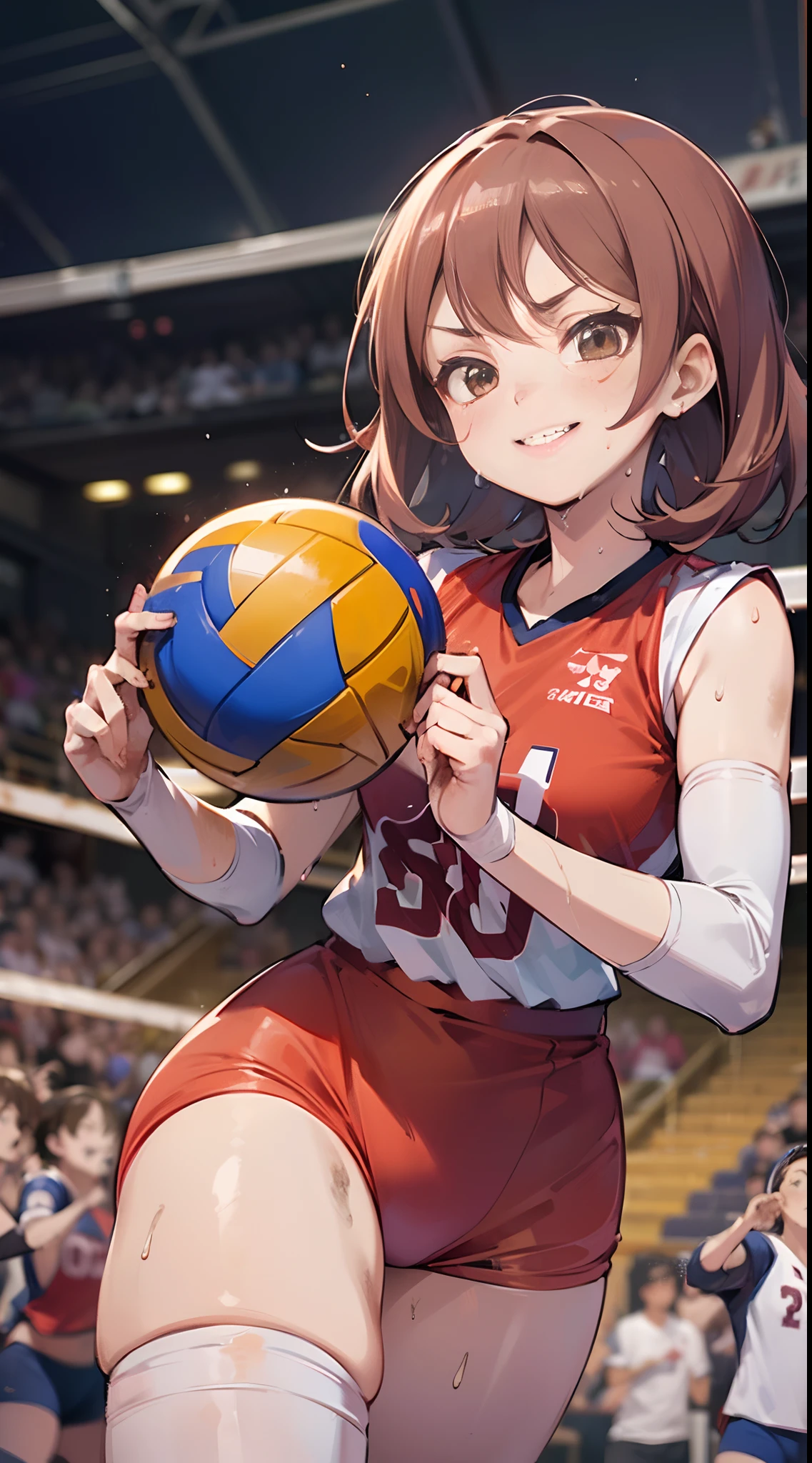 unity 8k wallpaper, anatomically correct, (((masterpiece))), (((best quality))), (((ultra detailed))), (((high-resolution))), ((super fine illustration)), ((Ultimate cutie)), ((detailed beautiful face)), ((perfect hands)), ((perfect finger)), (((good anatomy))), Solo, One girl, , (potbelly), (Curve), medium breasts, ((thick thighs)), Shiny hair, ((evil smile)), (smirk), (blush)), BREAK, Adidas, (((Buruma))), (Sleeveless Volleyball Uniforms), head band, ((wristbands)), ((Kneepads)), BREAK, ((Hold a beautiful spherical 6-inch volleyball with both hands)), (slouching forward), ((Sweat)), (perspired), (Heavy breathing), Sense of depth, in gymnasium, Lighting, (Looking down), cowboy shot